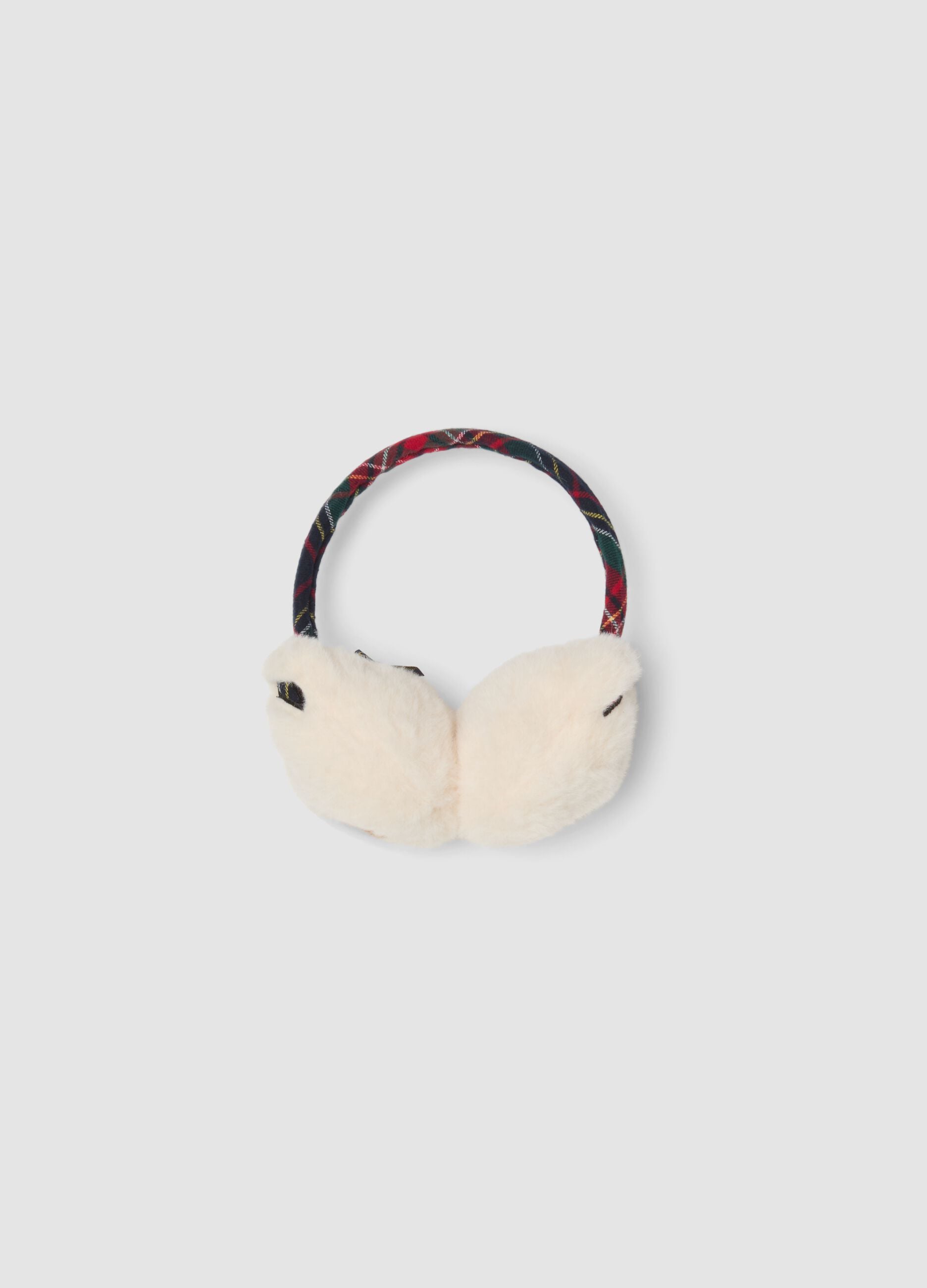 White checked earmuffs with teddy bear