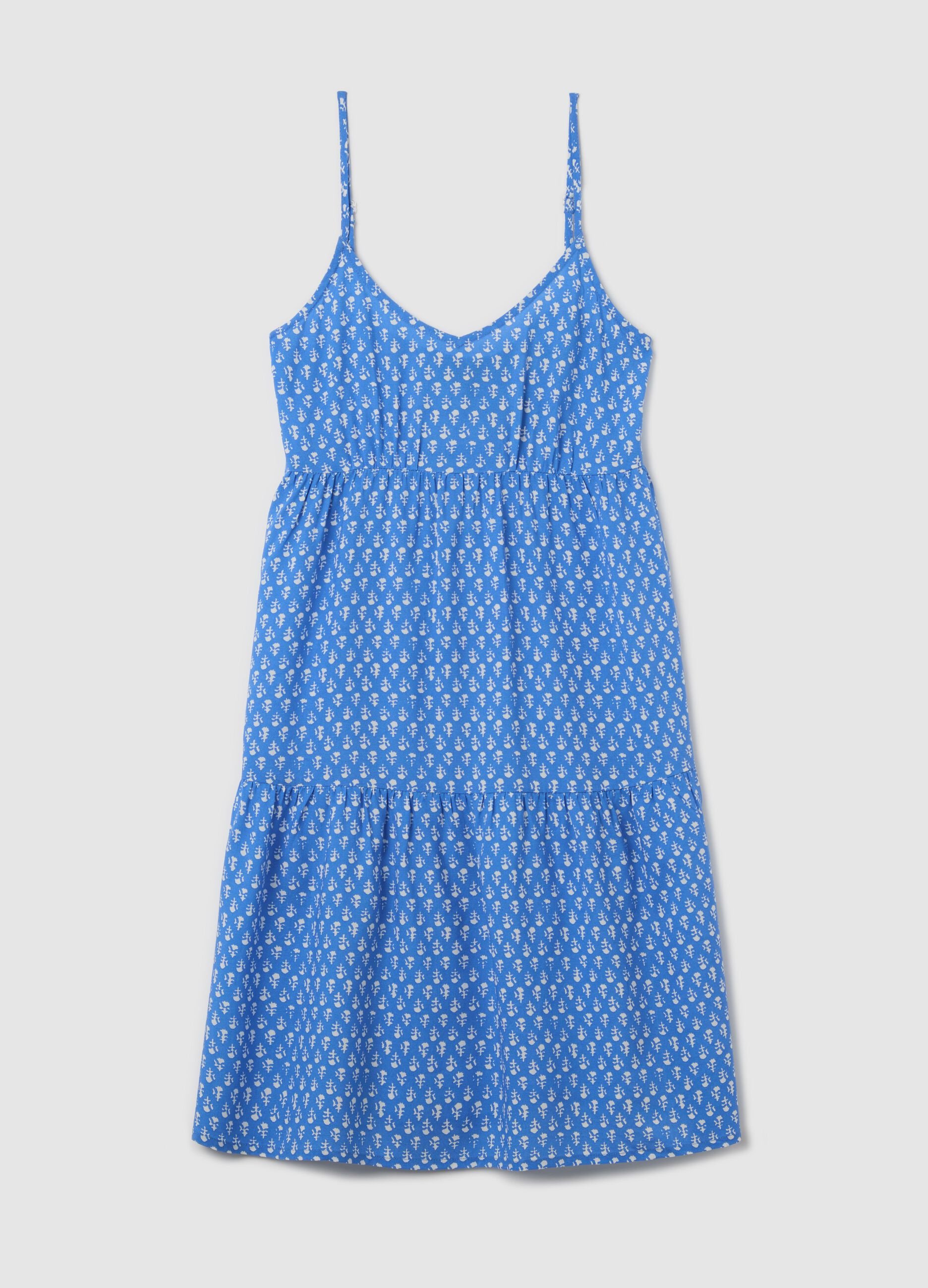 Light blue viscose dress with V neck and flounce