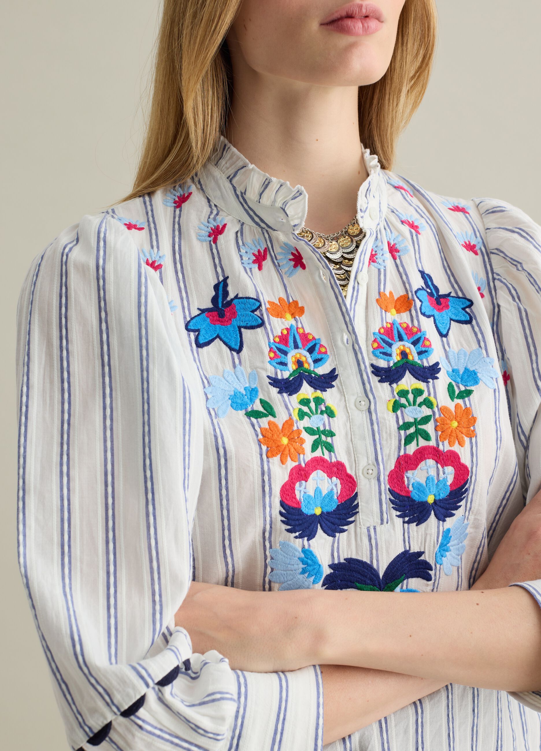 Blusa da donna in puro cotone multicolor regular fit con ricamo
