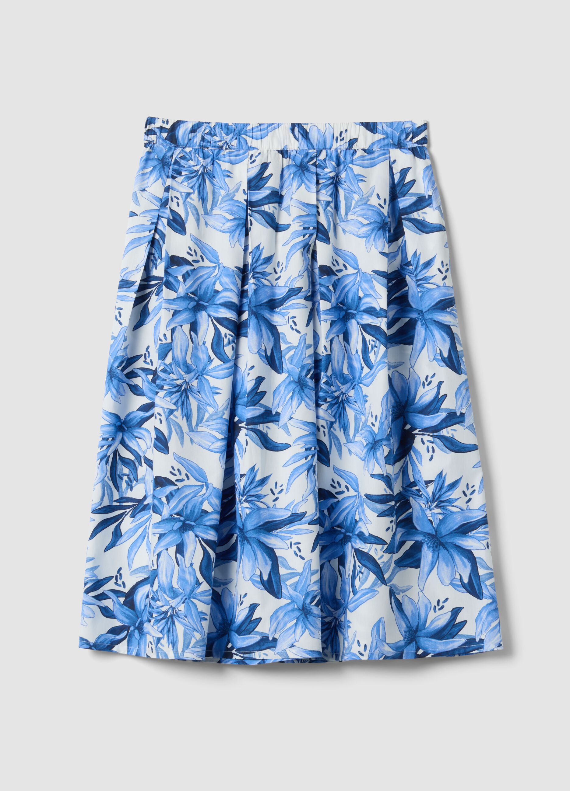 Blue and white cotton midi skirt with floral print