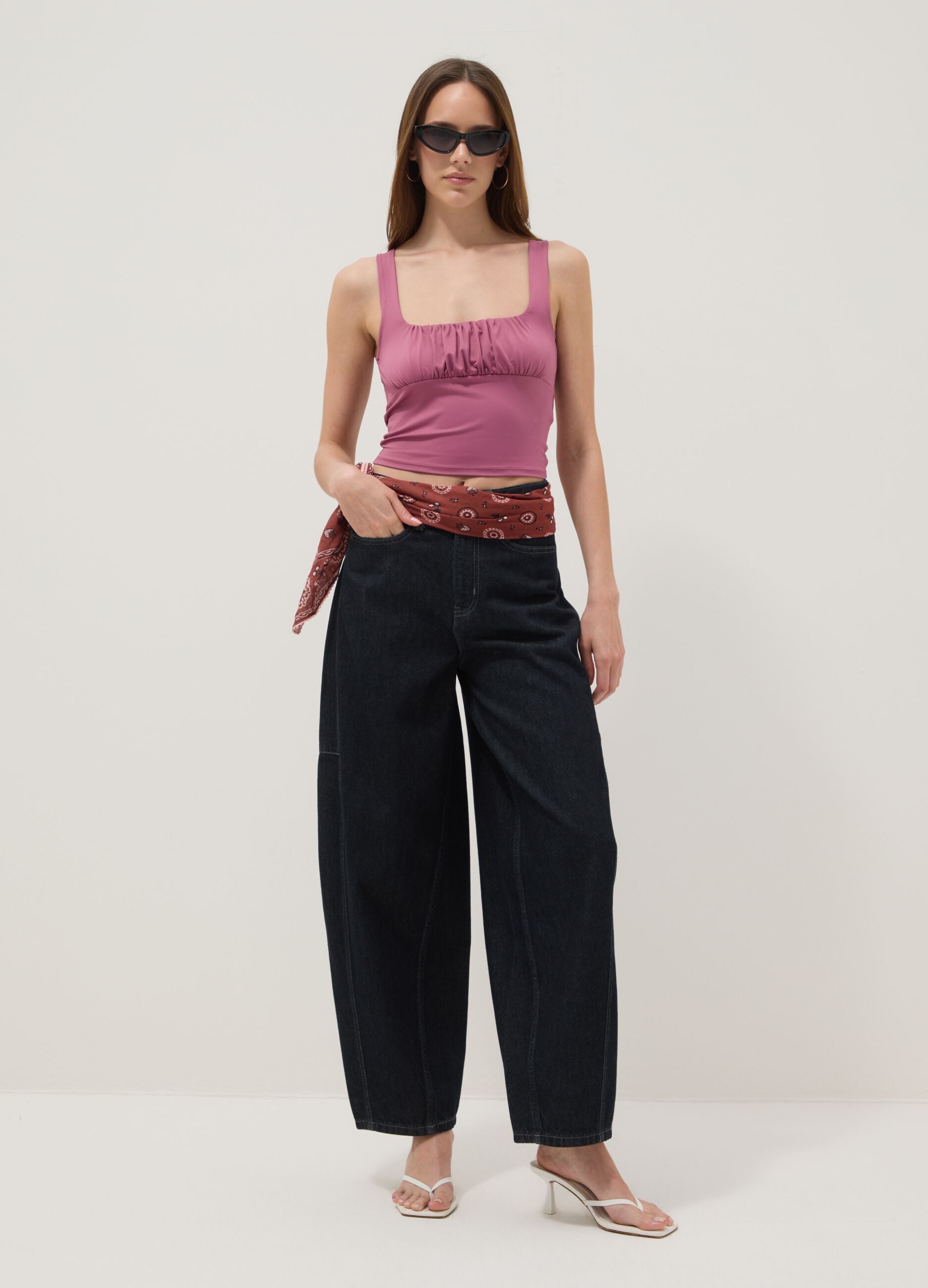 Pink regular-fit stretch tank top with pleats