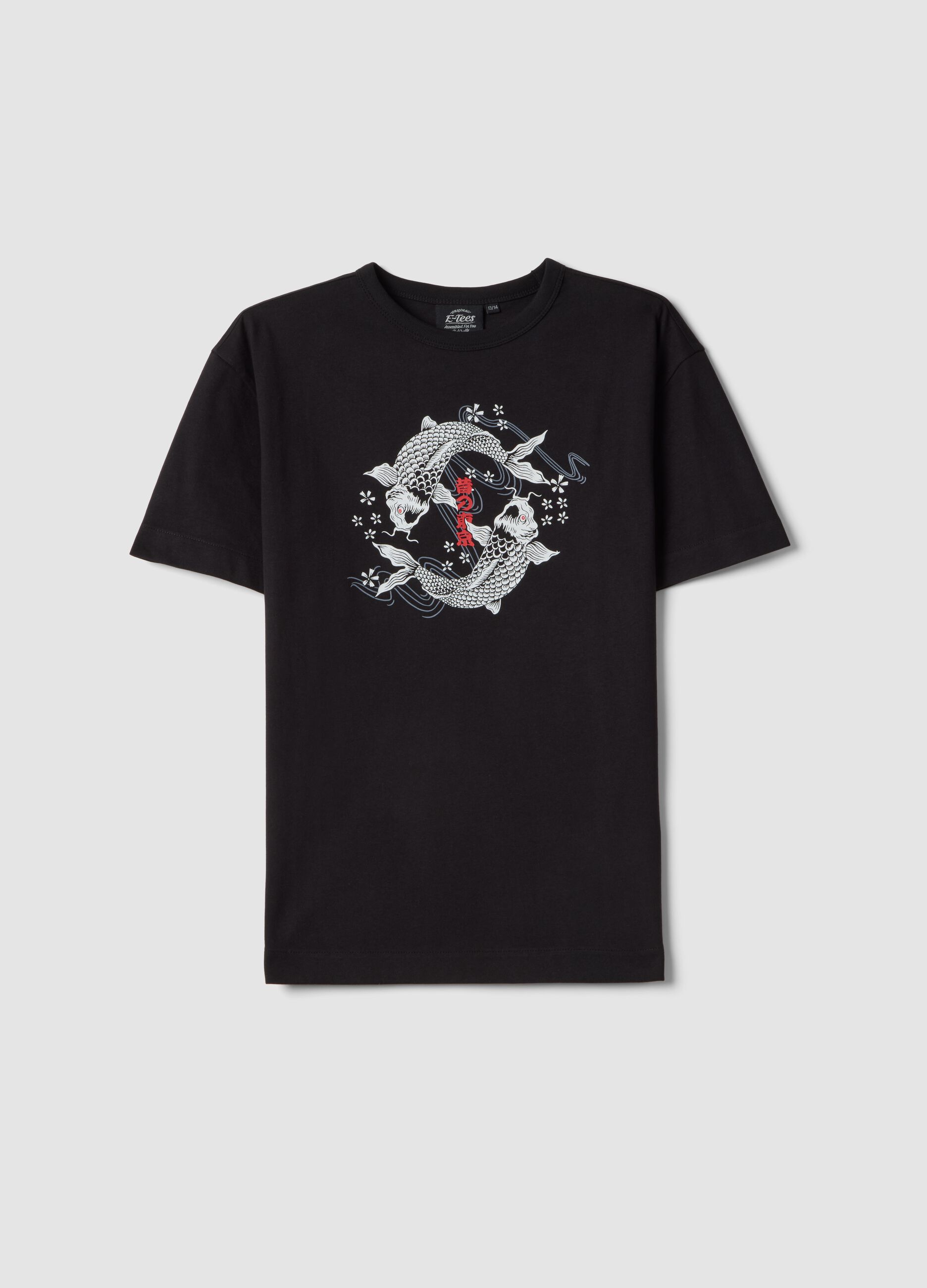 Children's oversized fit pure black cotton T-shirt with koi carp