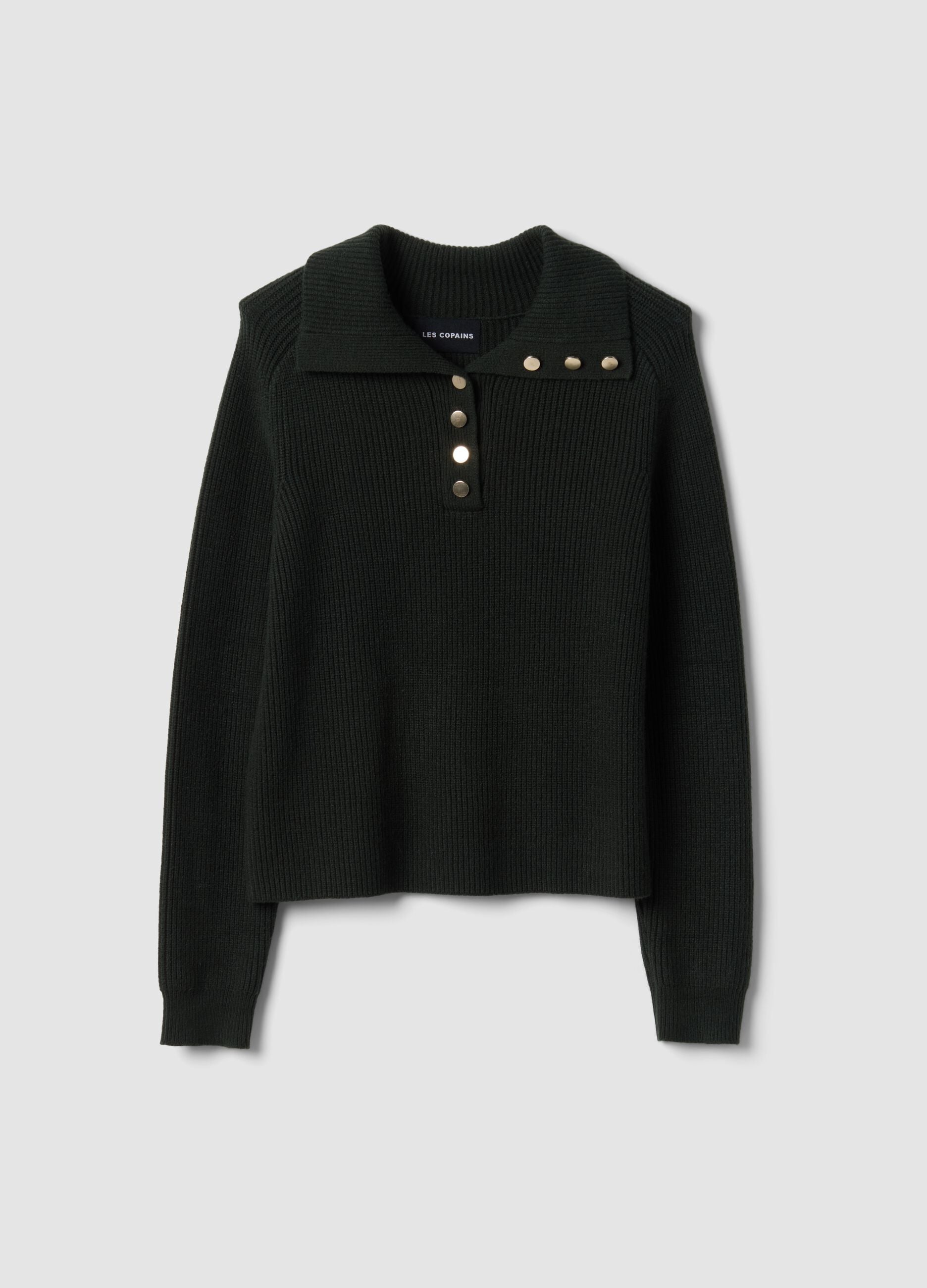 Maglia verde a coste in misto viscosa con colletto