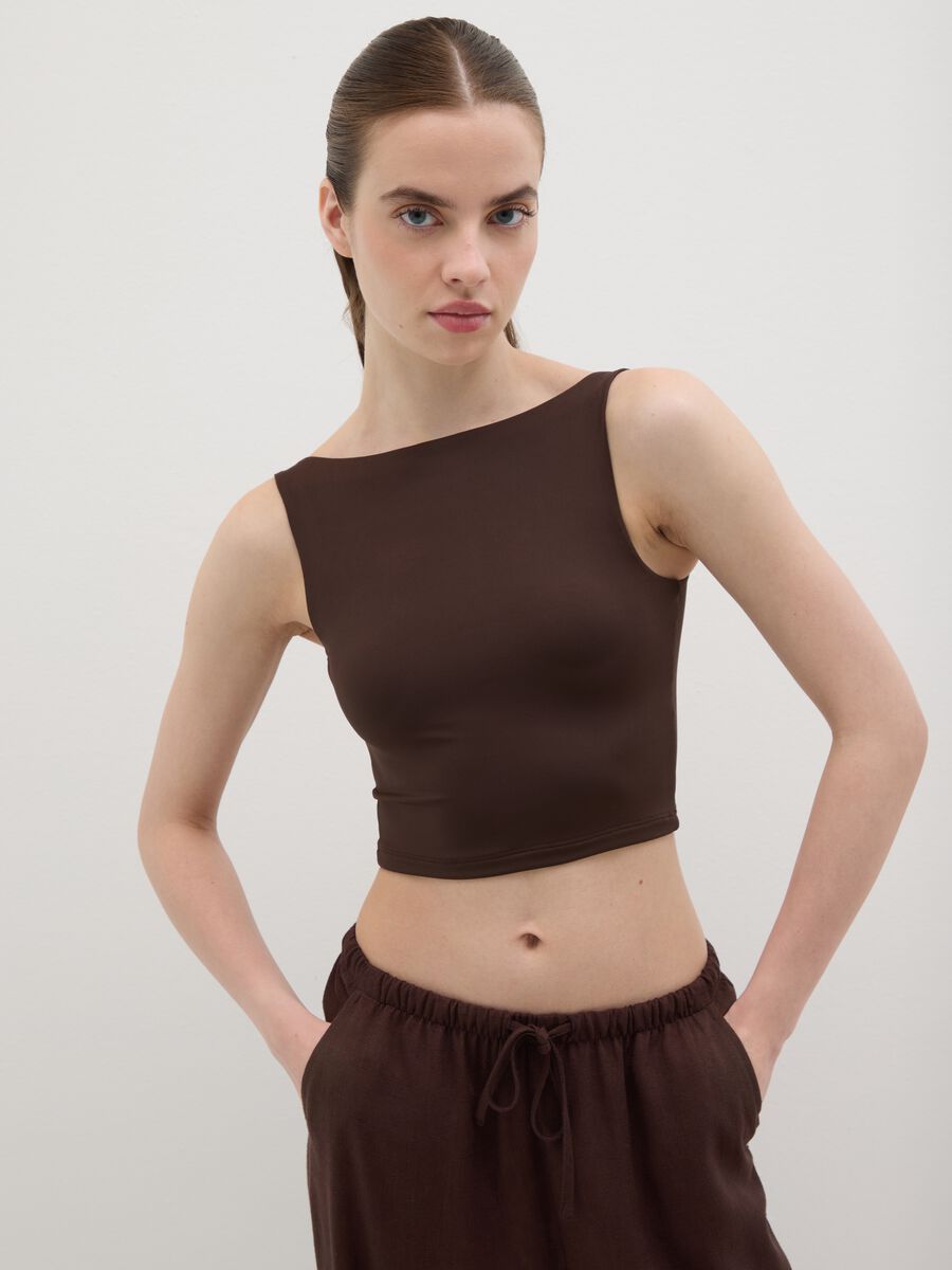 Brown stretch fabric crop tank_0