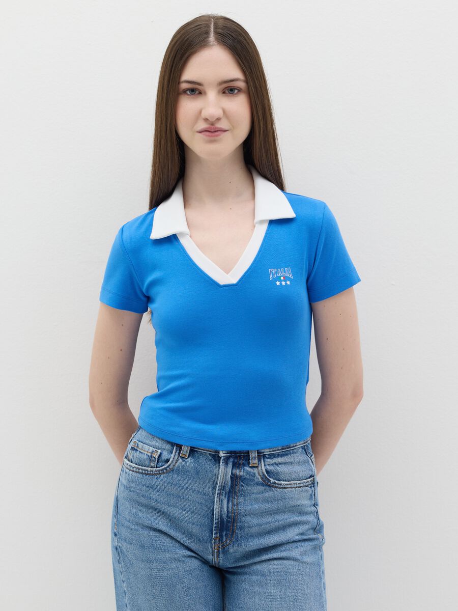 Light blue T-shirt with polo neck and "Italia" print_0
