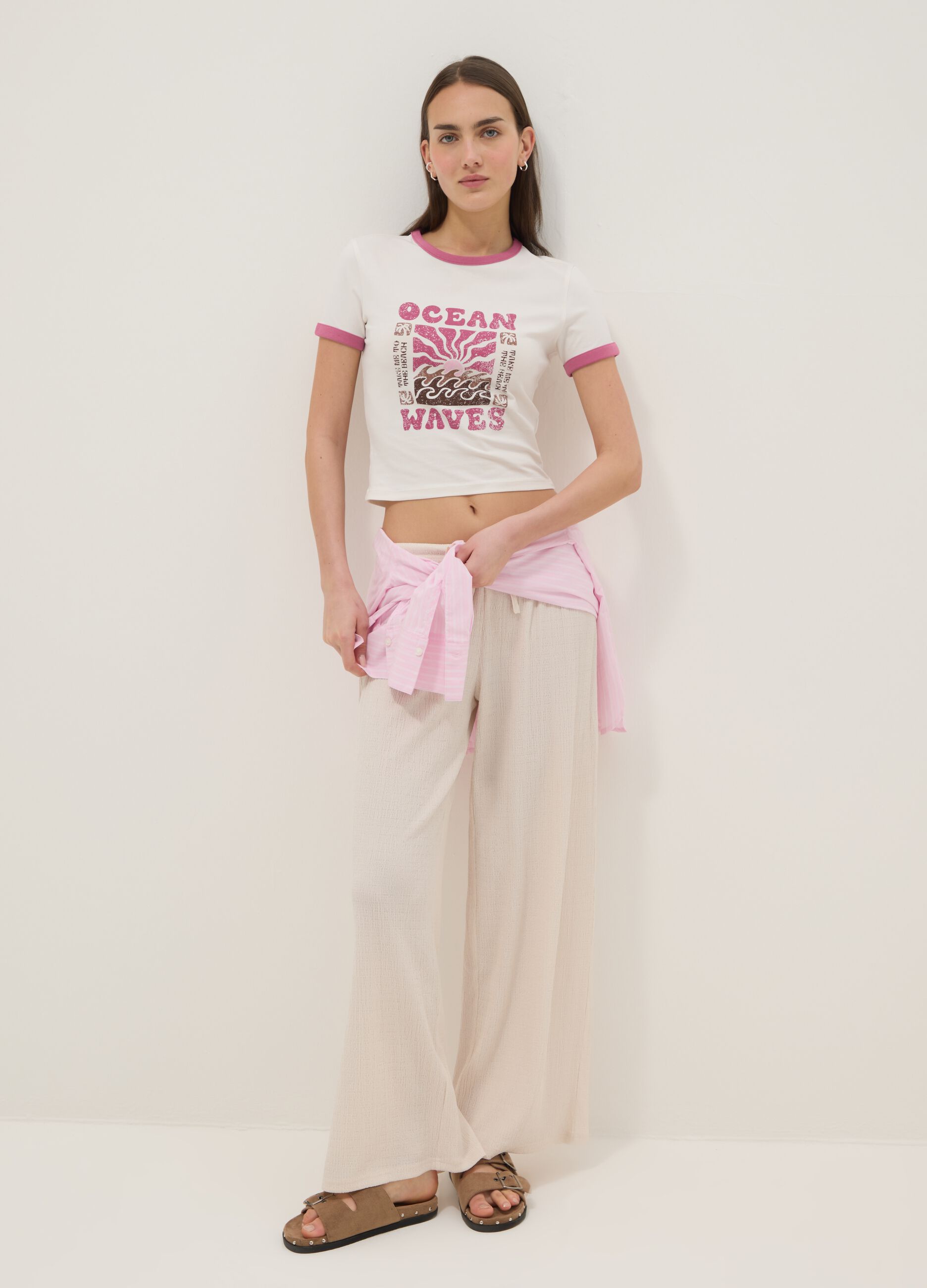 White regular-fit stretch cotton T-shirt with print