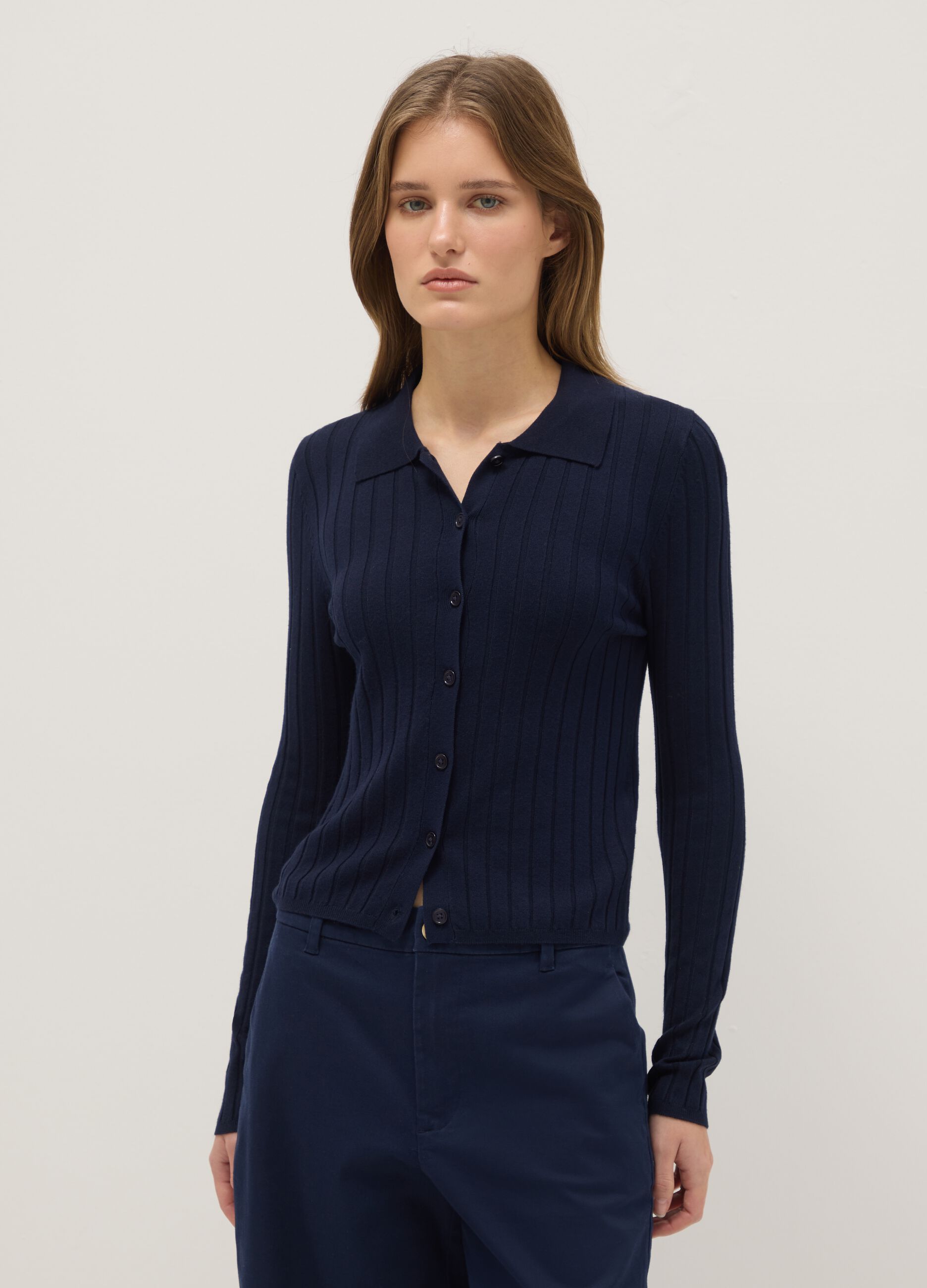 Slim Fit Ribbed Blue Cardigan with Polo Collar
