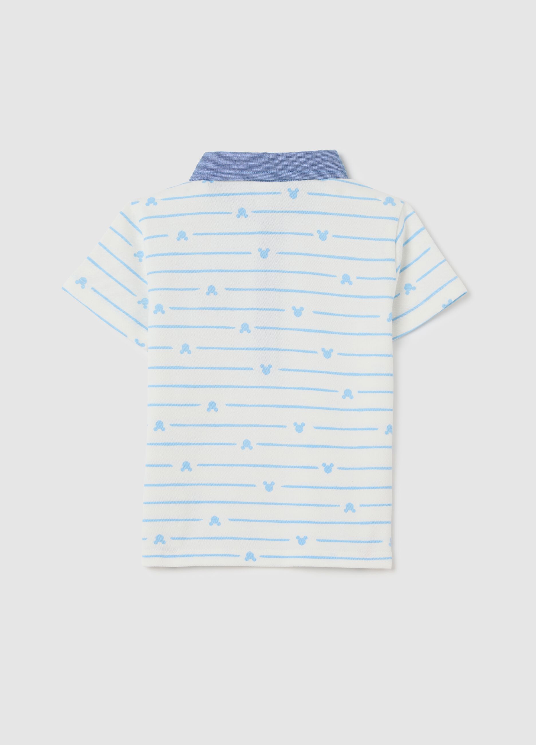 White and Light Blue Striped Polo Shirt with Mickey Mouse
