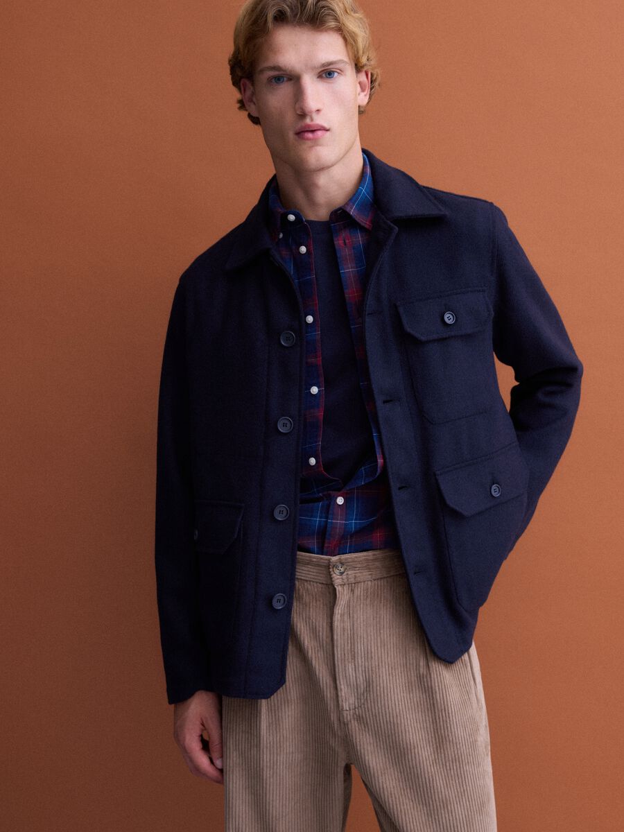 Blue wool-blend shacket with buttons and four pockets_0