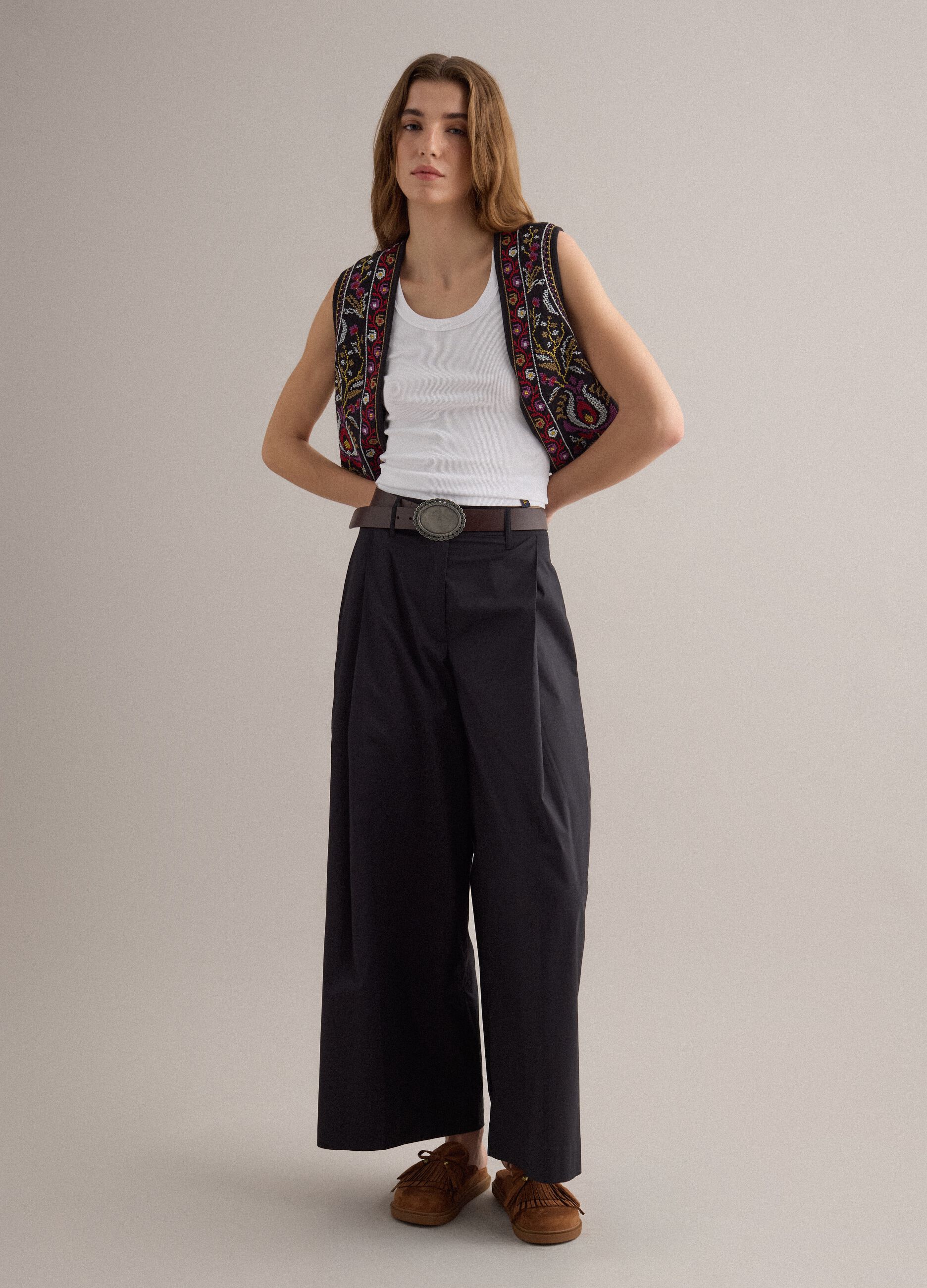 Black wide-leg pure cotton trousers