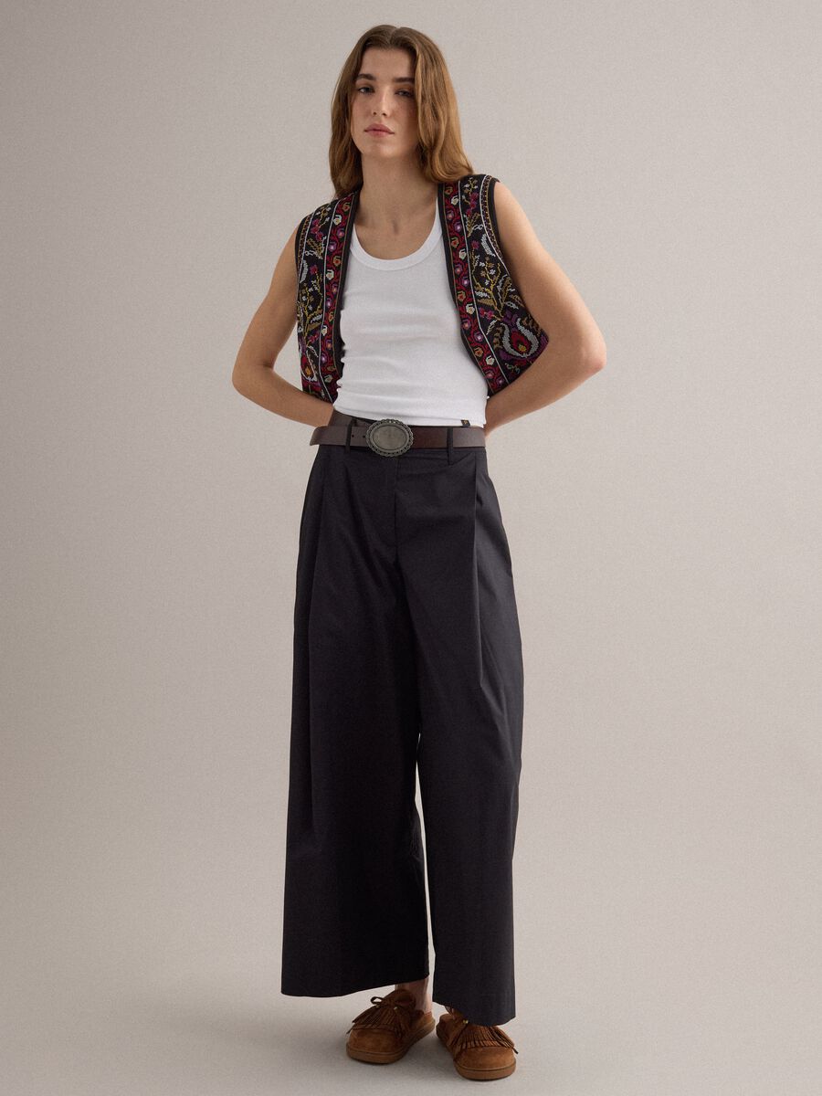 Black wide-leg pure cotton trousers_0