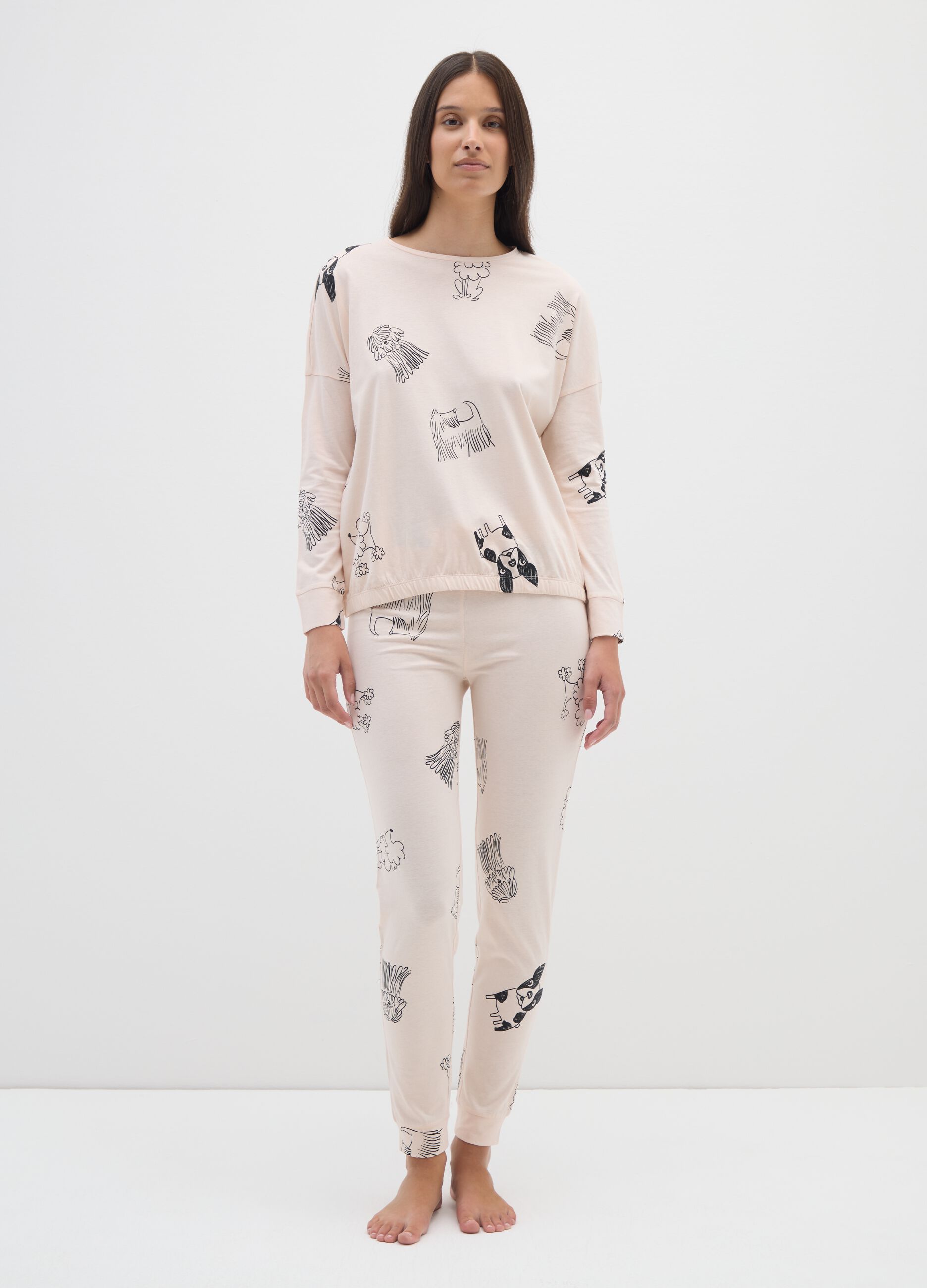 Pigiama in puro cotone beige con stampa