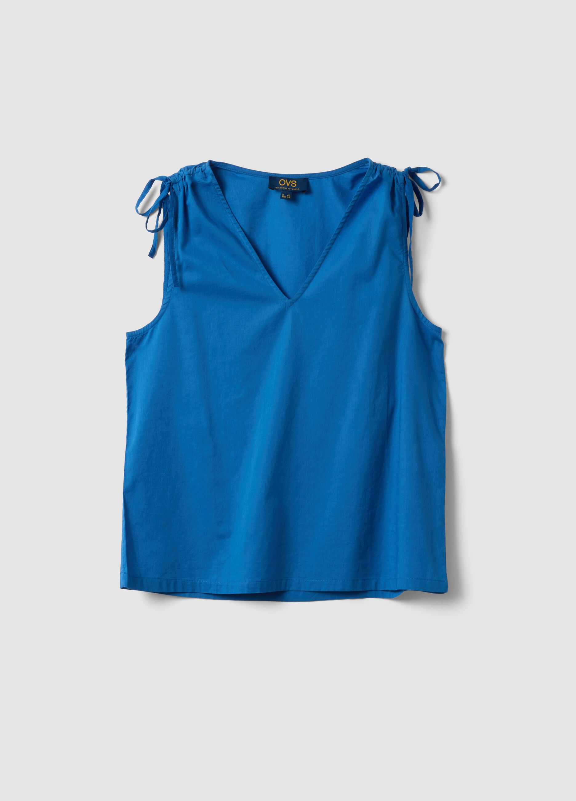 Blue pure cotton V-neck blouse