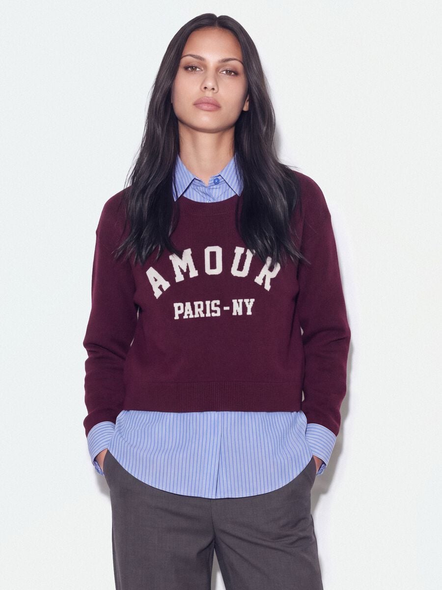 Maglia viola in misto viscosa e lana con scollo a V e inserto camicia_0