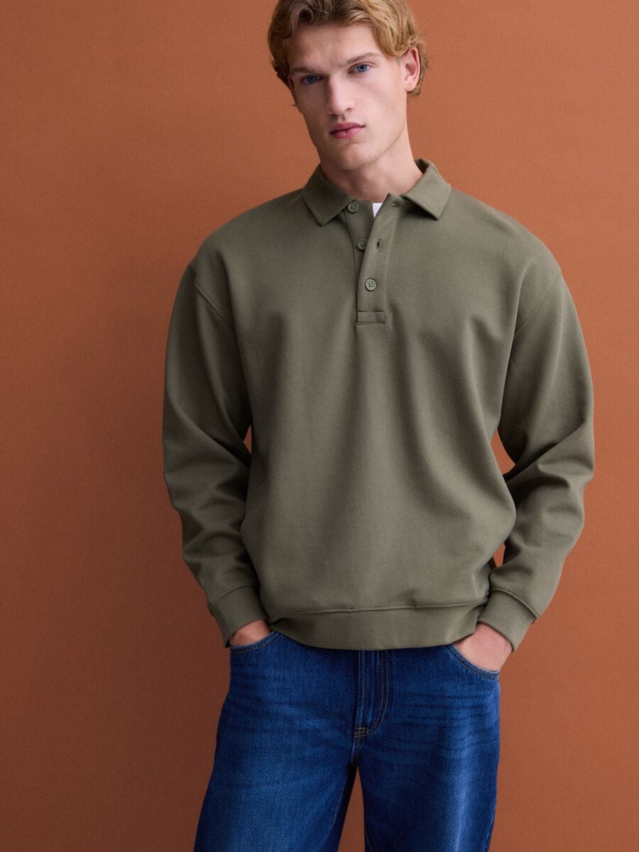 Green stretch polo-collar sweatshirt in a relaxed fit_0