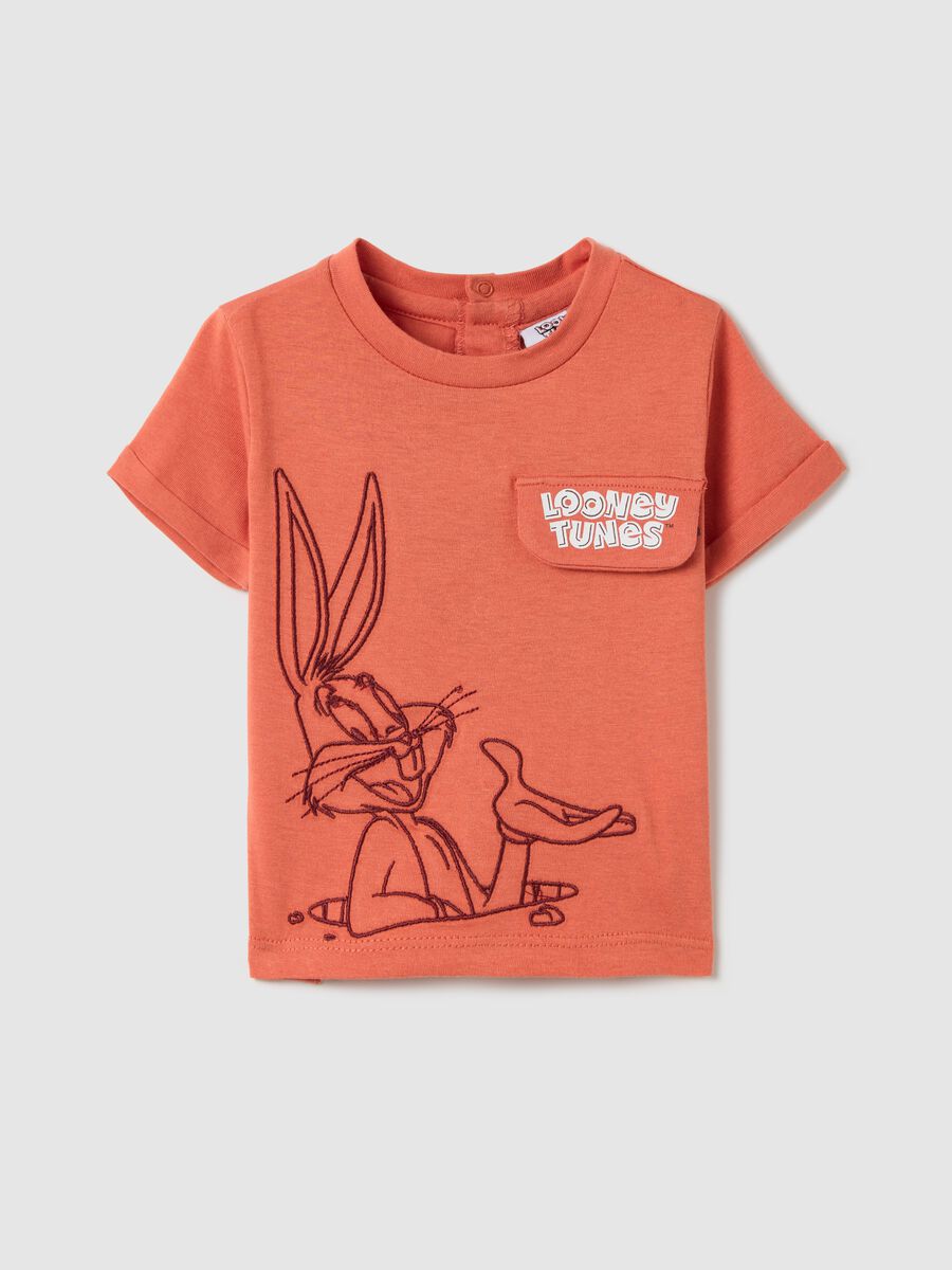 Orange T-shirt with Bugs Bunny embroidery in organic cotton_0