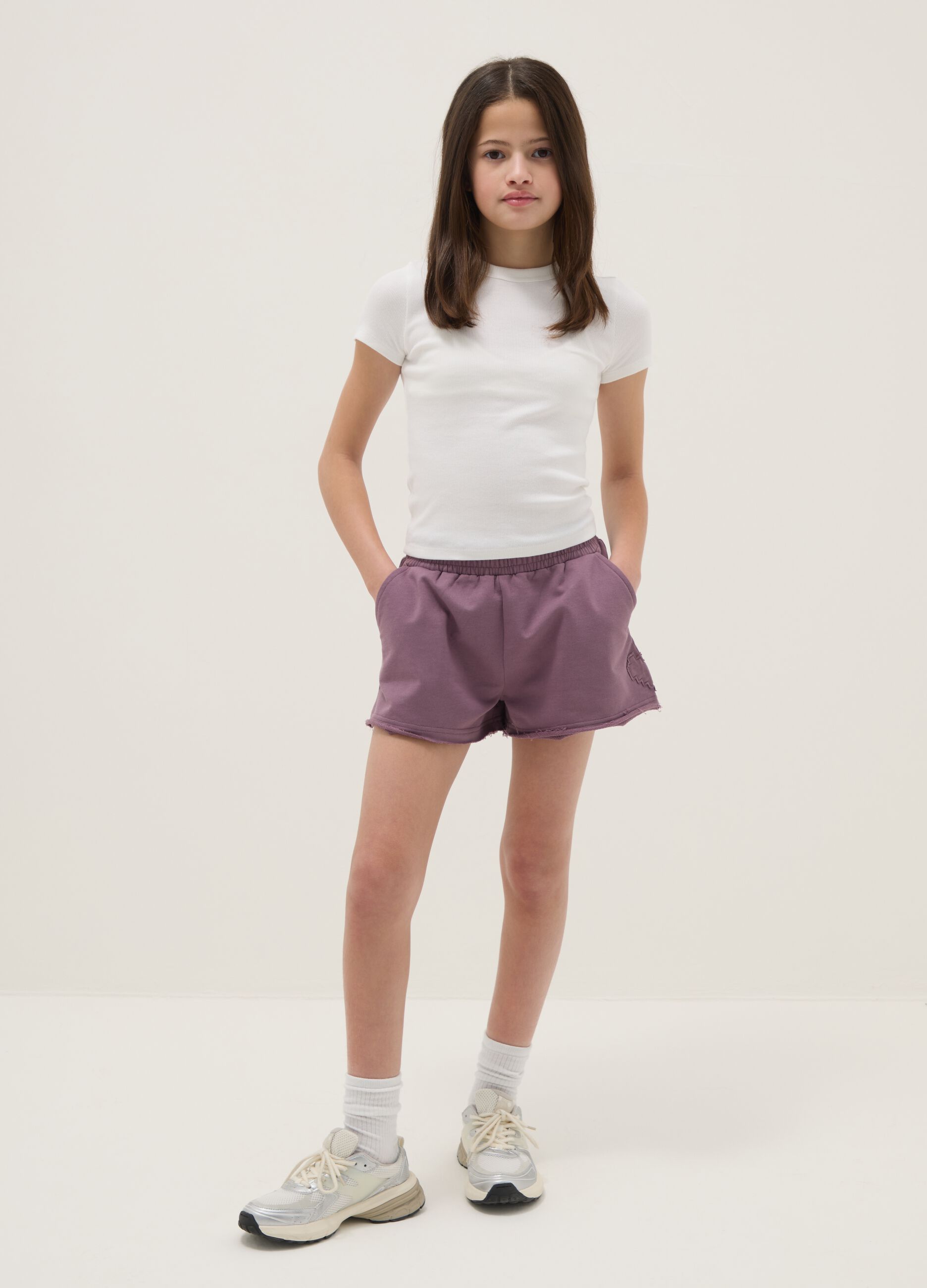 Girls' purple pure cotton shorts with relaxed fit