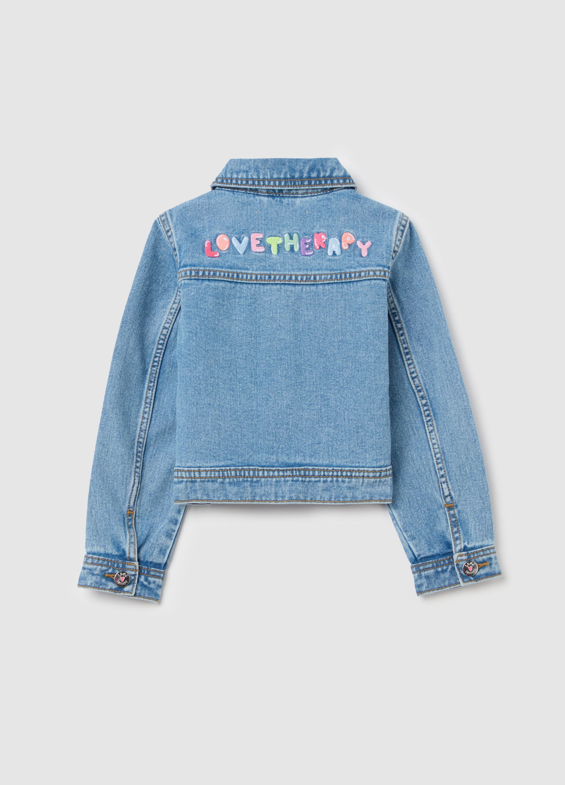 Denim jacket with heart and rainbow embroidery