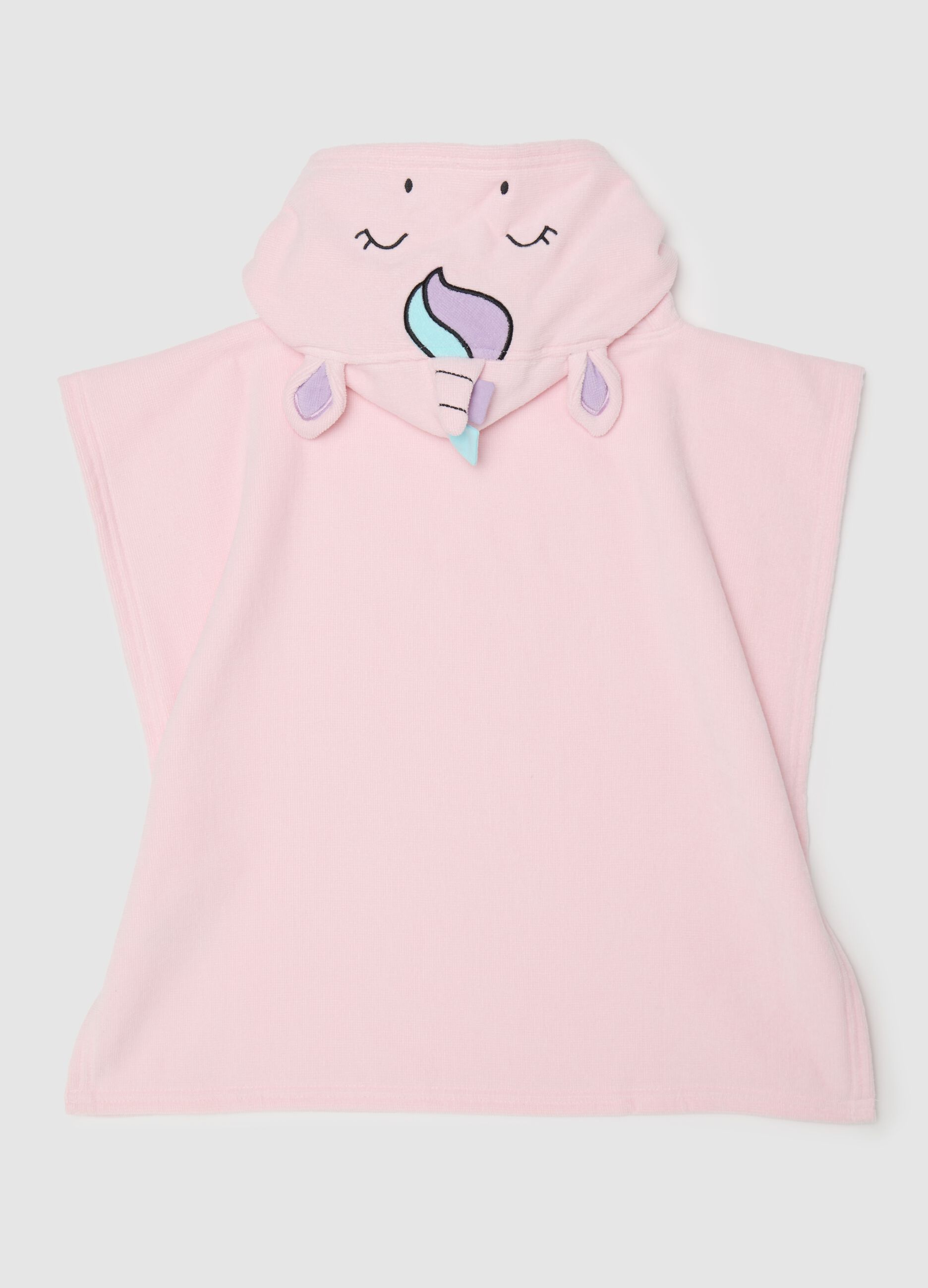 Baby girl's pink pure cotton poncho with unicorn-shaped hood