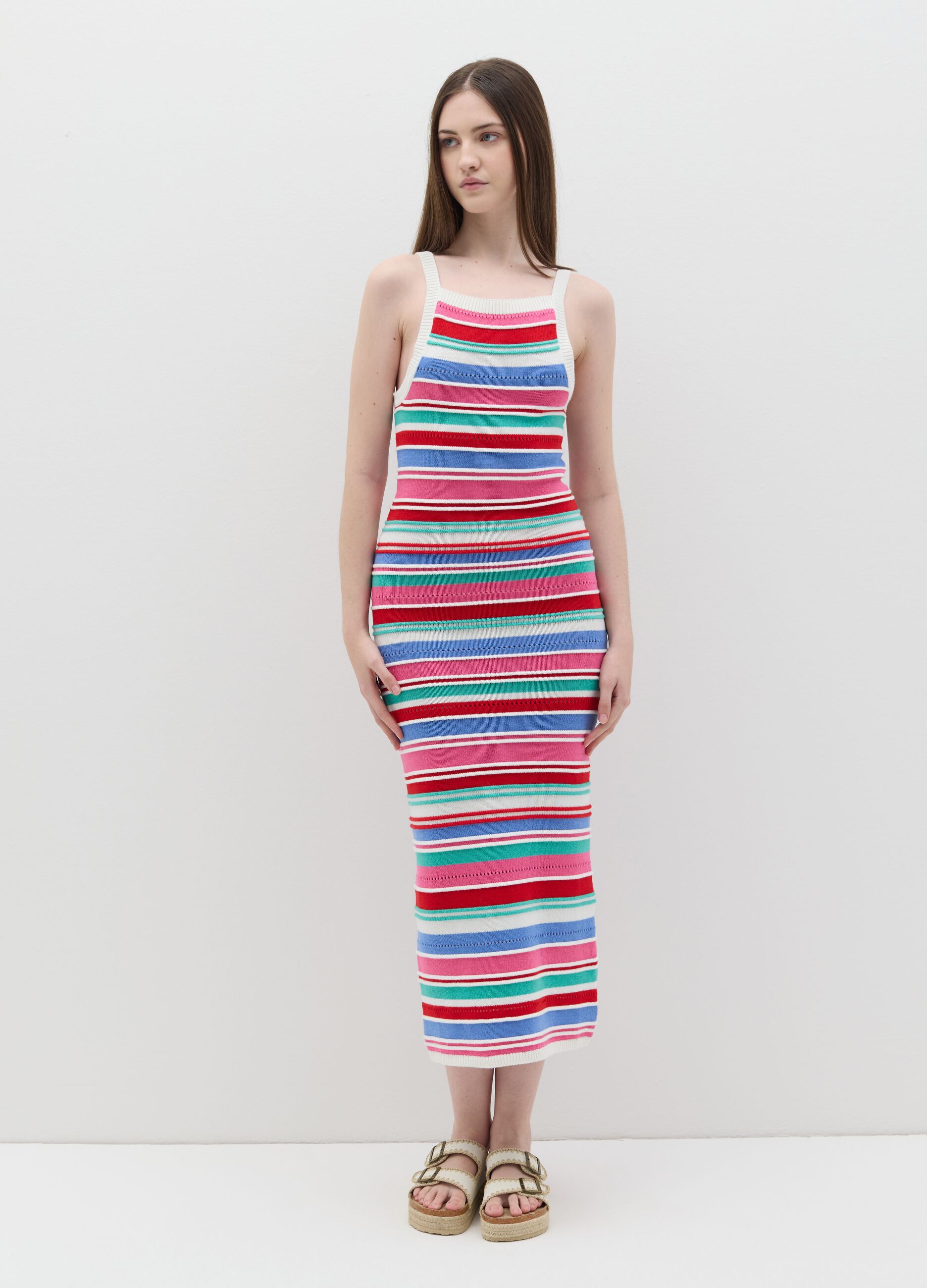 Sleeveless dress with multicoloured stripes