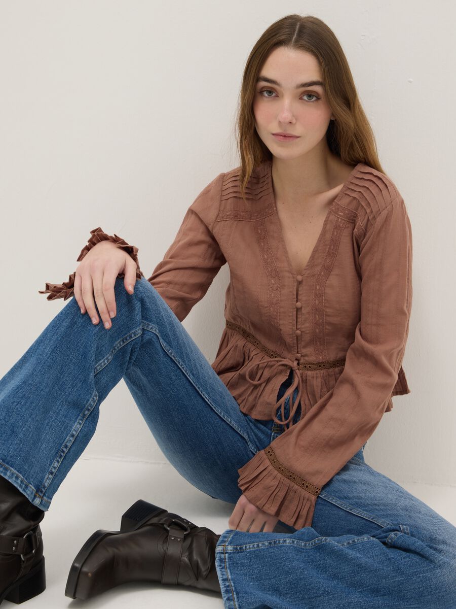 Brown pure cotton regular fit shirt with ruffles_0