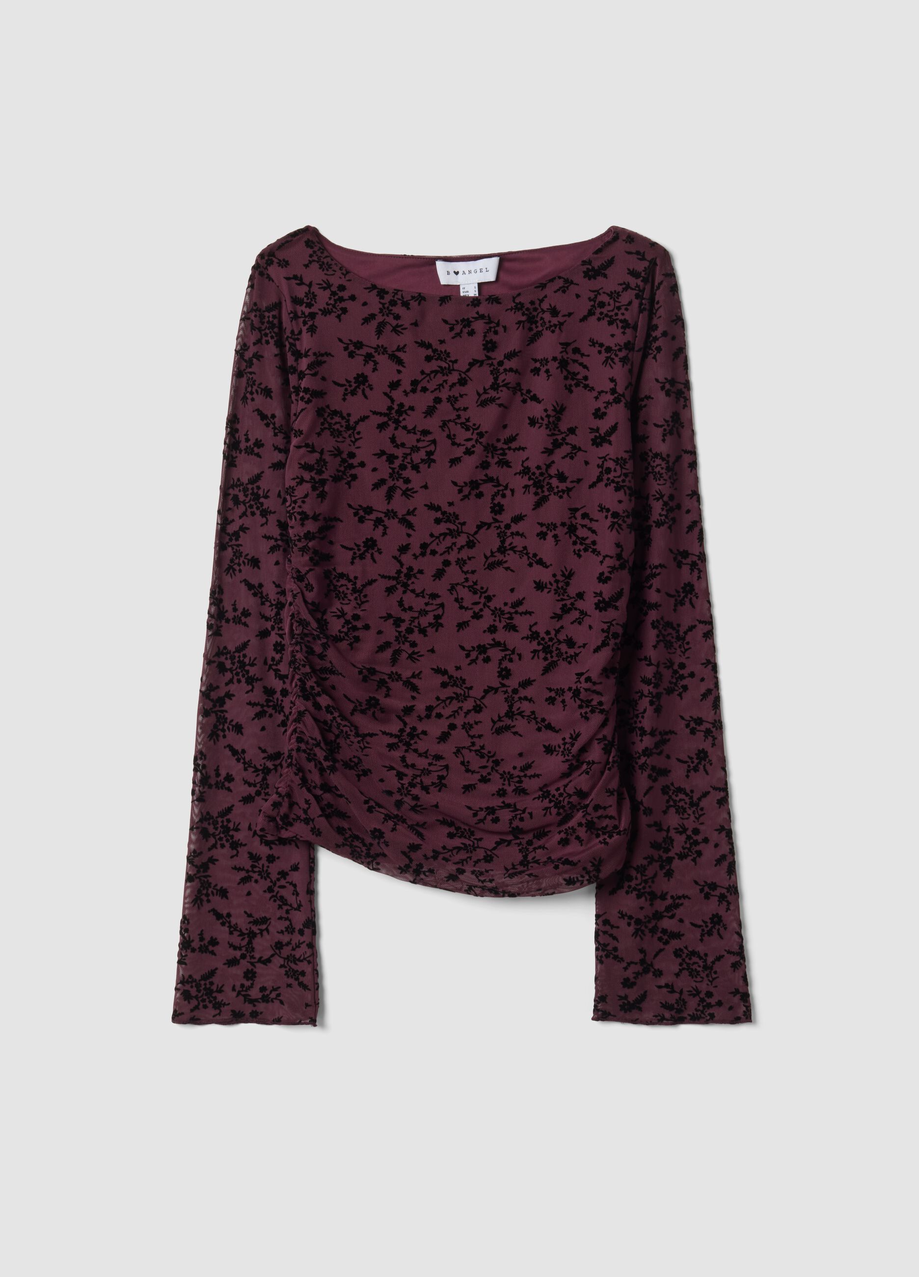 T-shirt viola in tessuto elasticizzato con motivo floreale floccato