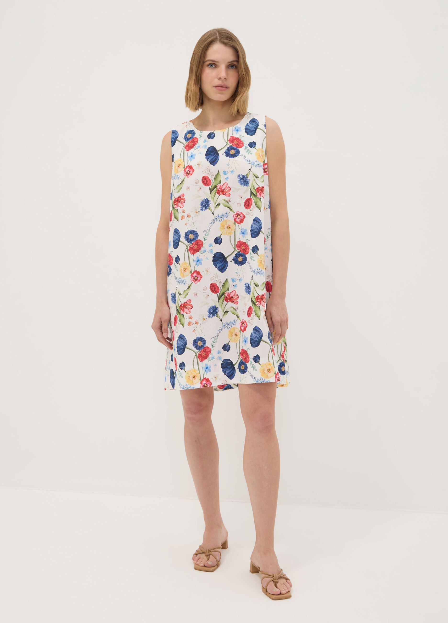 White floral dress in stretch cotton, regular fit