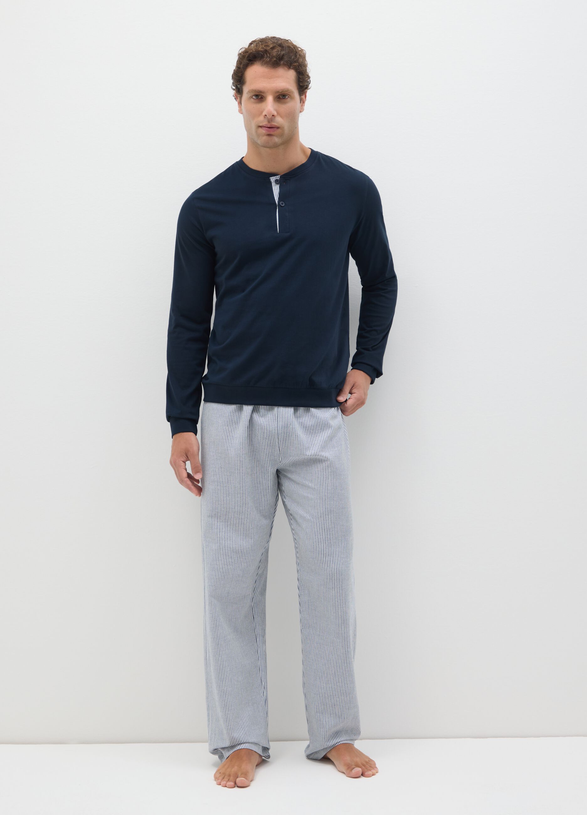Regular fit blue and grey pure cotton pyjamas
