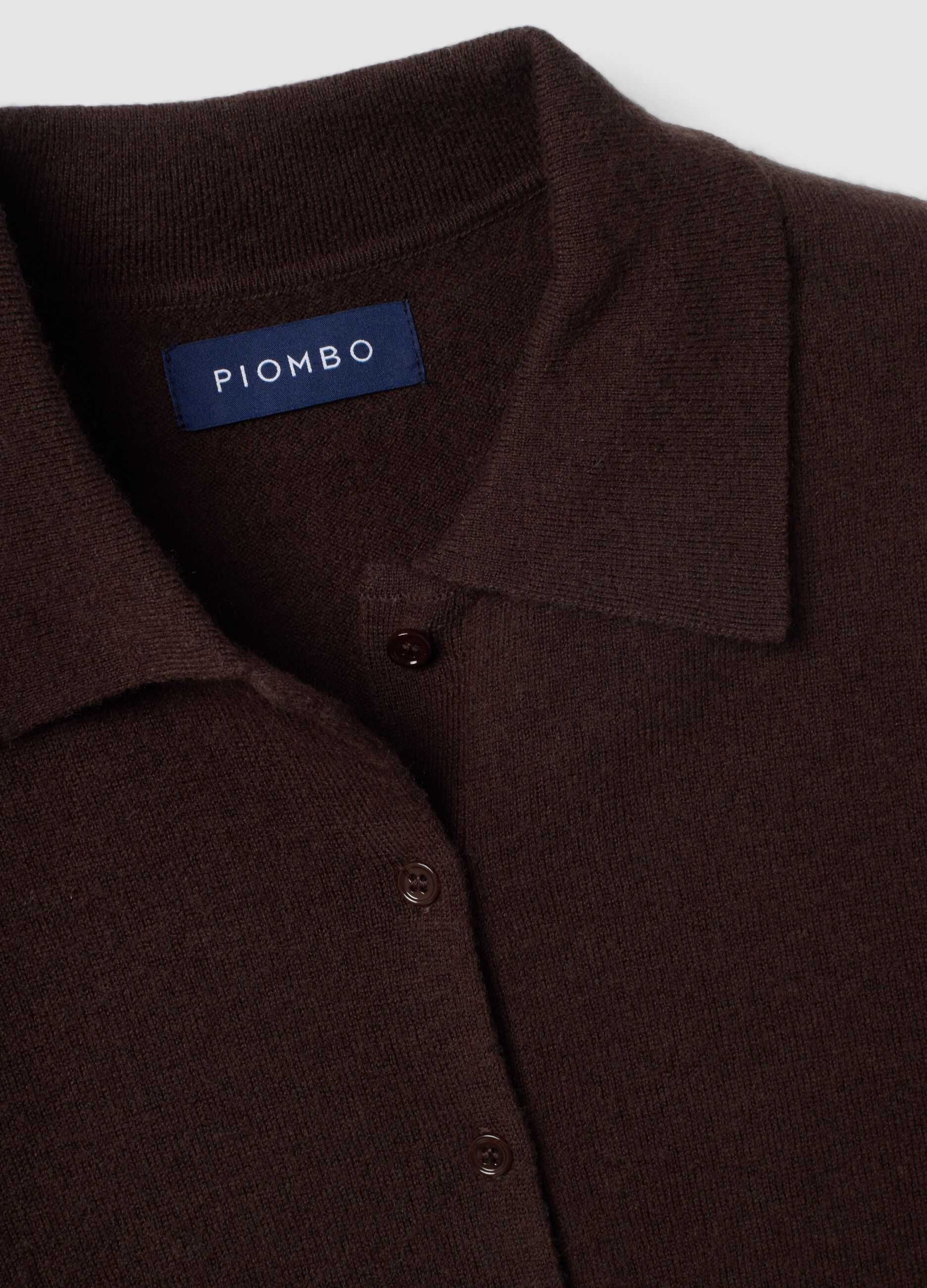 Brown pure wool cardigan with polo collar, regular fit