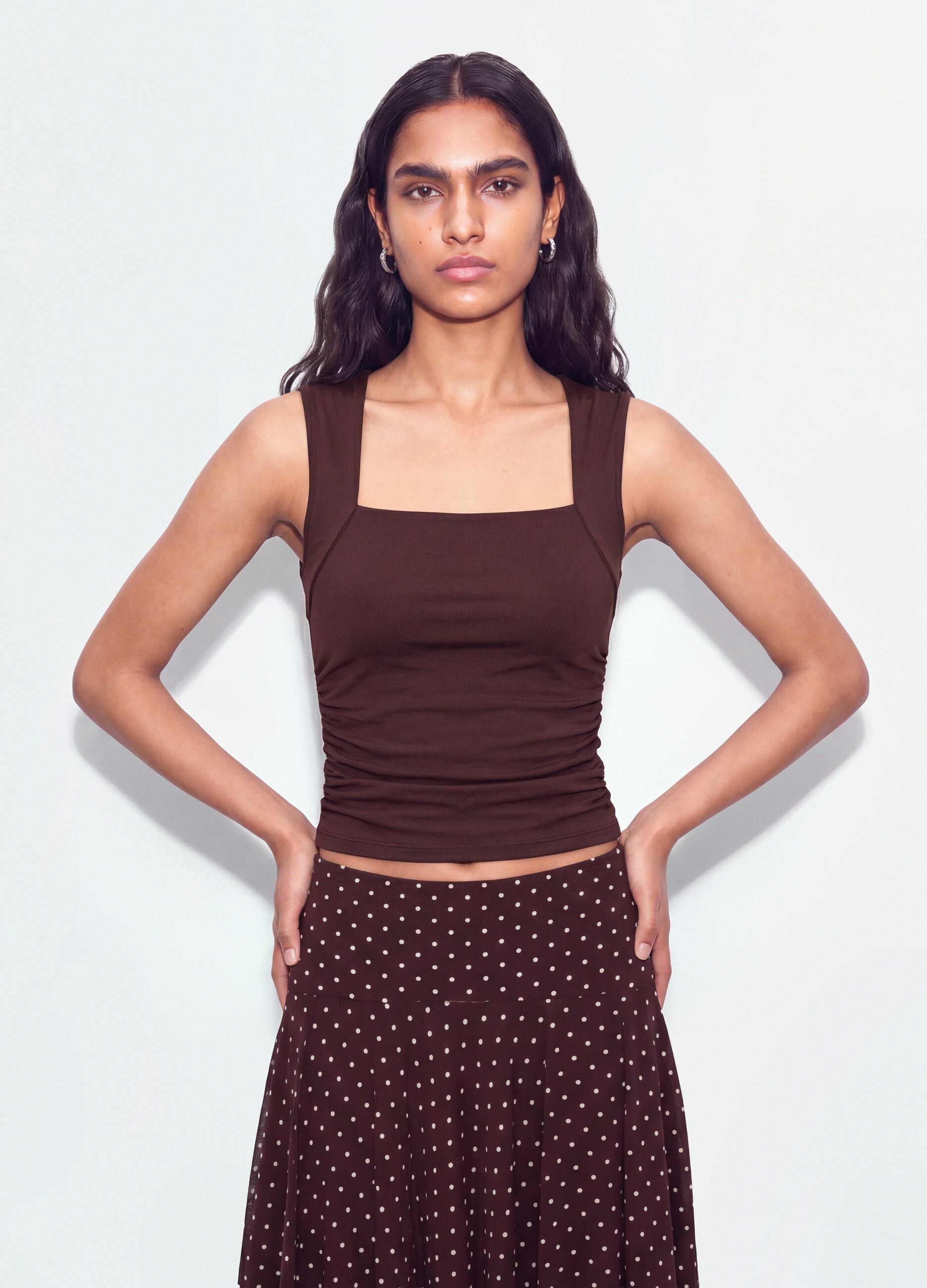 Red stretch tank top with side ruching