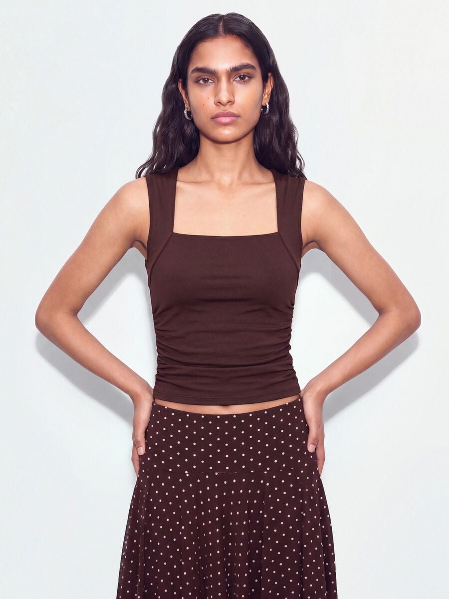 Red stretch tank top with side ruching_0