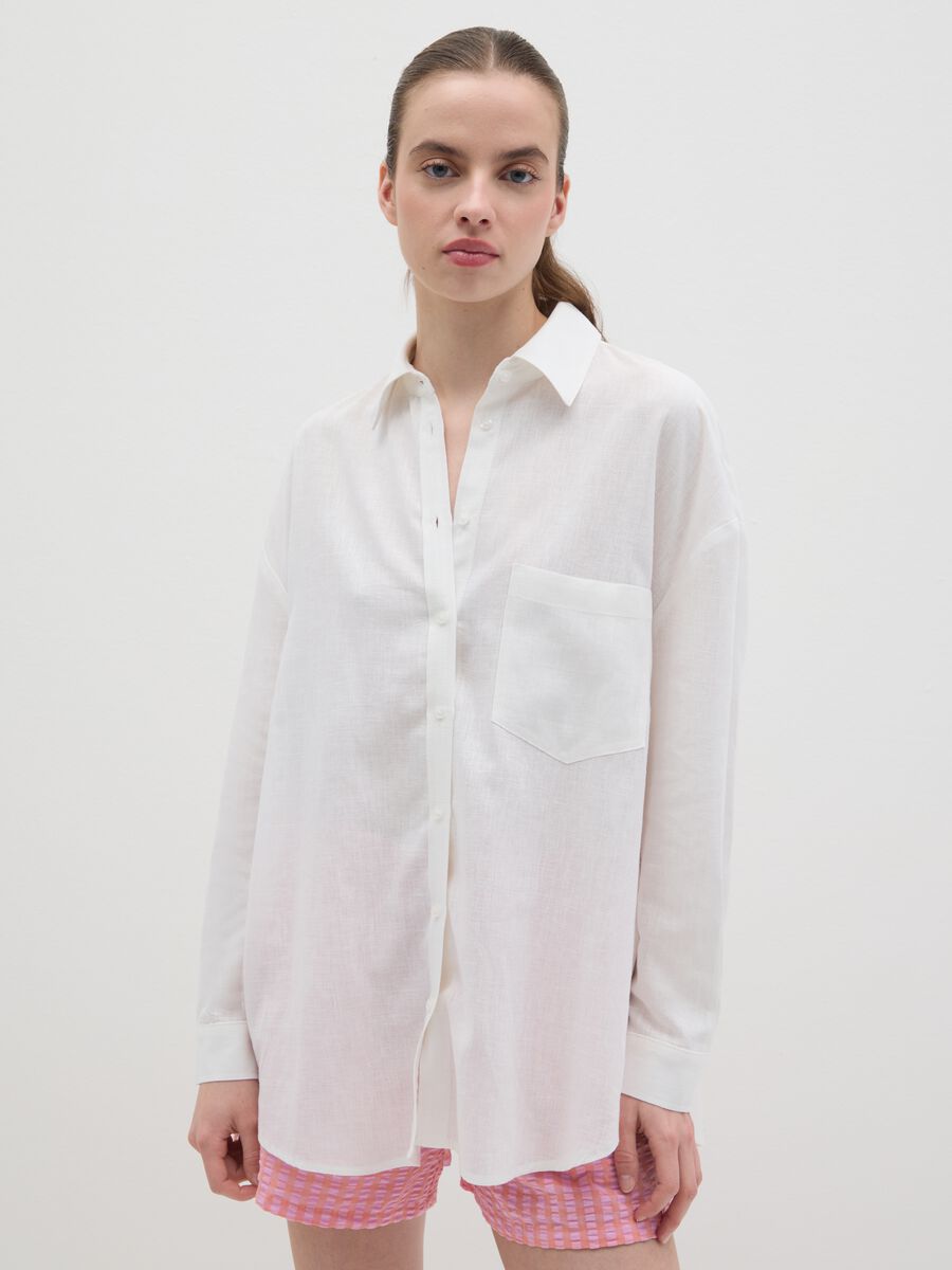 Women's white viscose and linen blend shirt regular fit_0