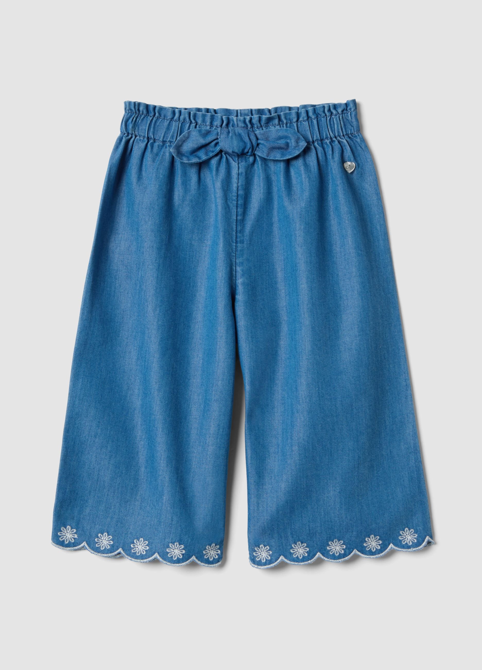 Girls' Blue Denim Cotton Blend Wide Leg Trousers with Embroidery
