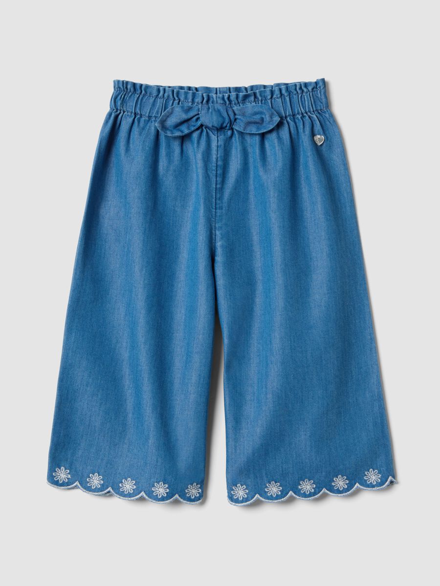 Girls' Blue Denim Cotton Blend Wide Leg Trousers with Embroidery_0