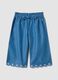 Girls' Blue Denim Cotton Blend Wide Leg Trousers with Embroidery_0