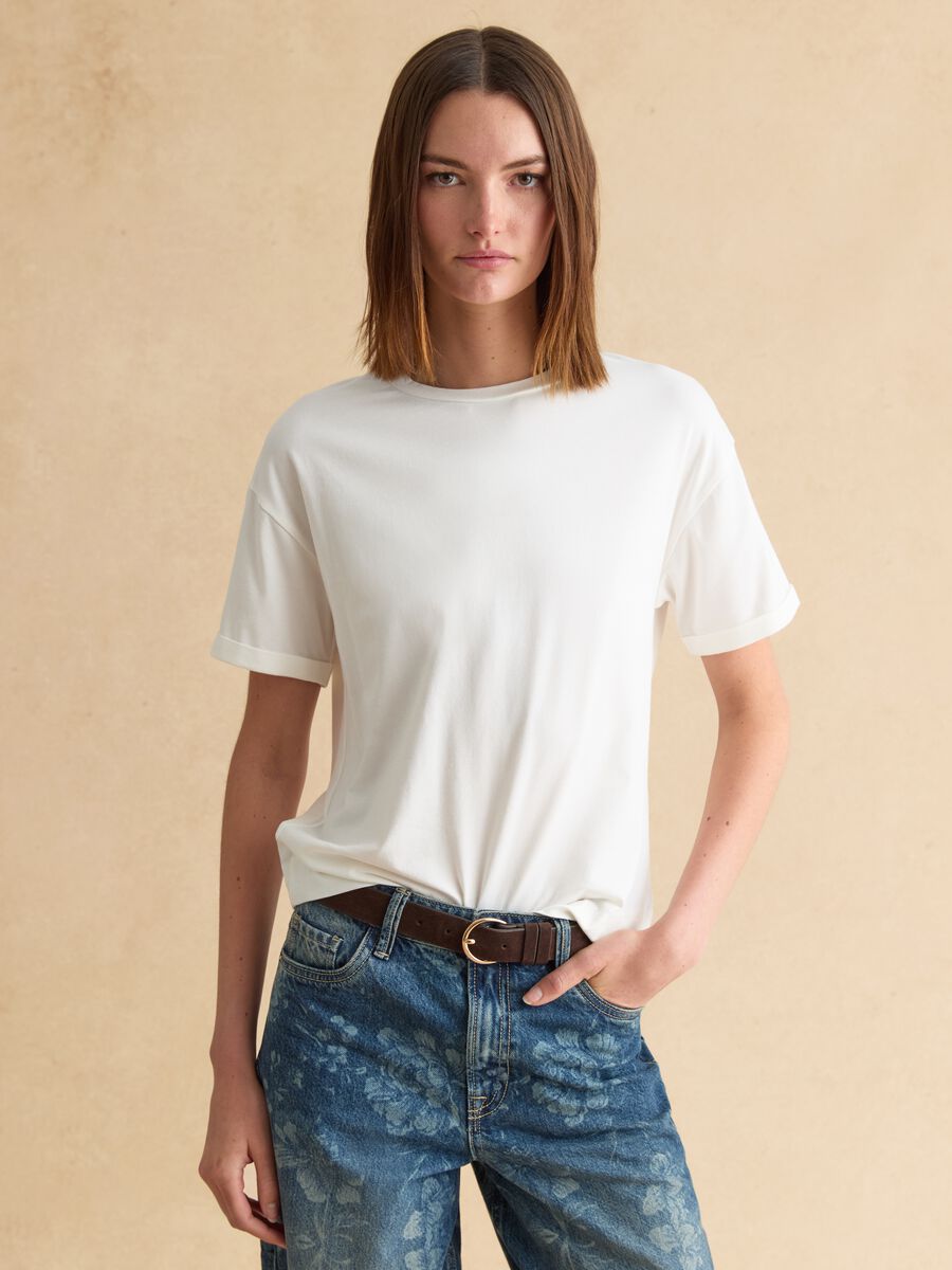 White short-sleeve cotton and modal stretch T-shirt_1