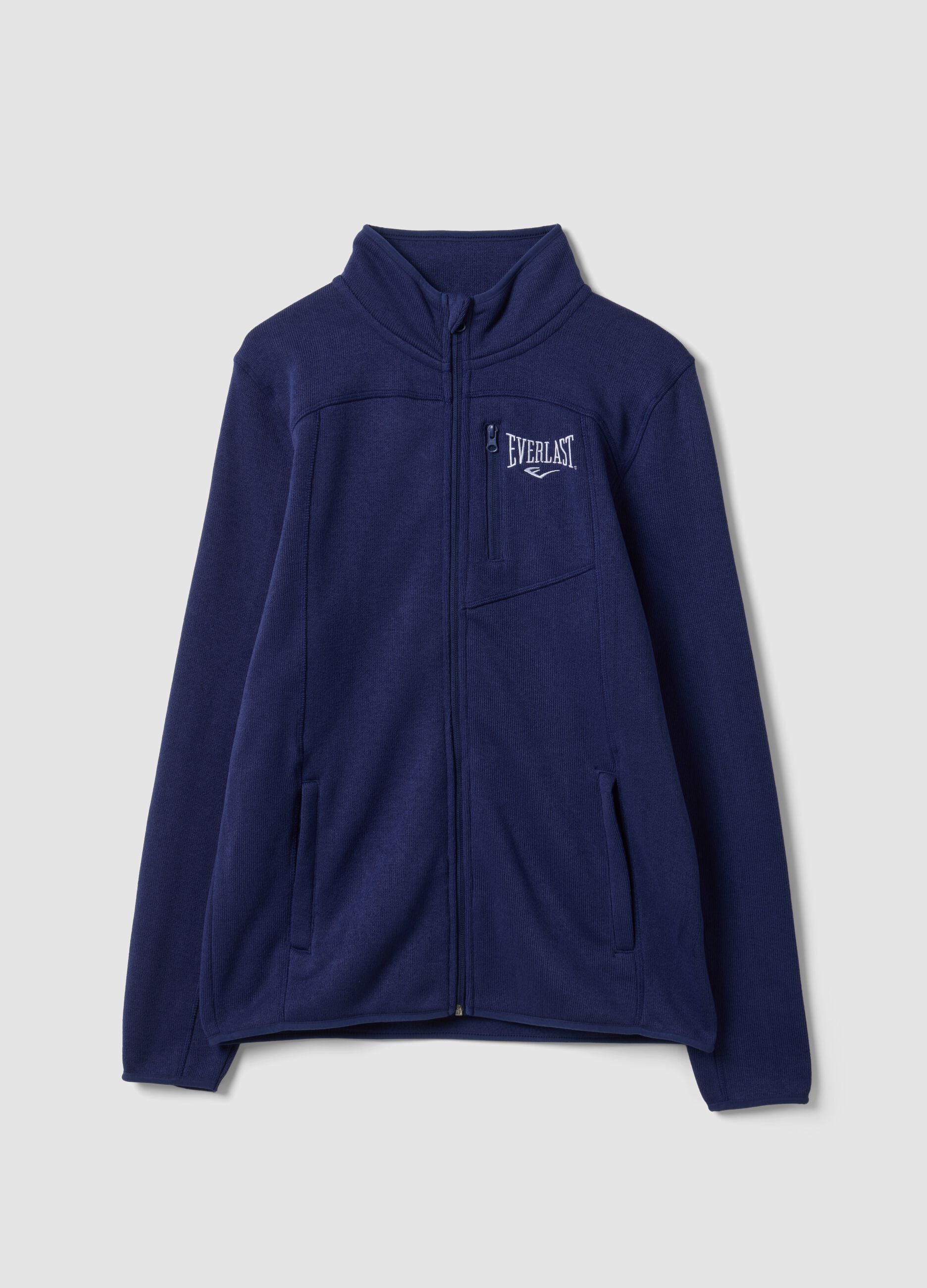 Blue full-zip sweatshirt with high neck and logo