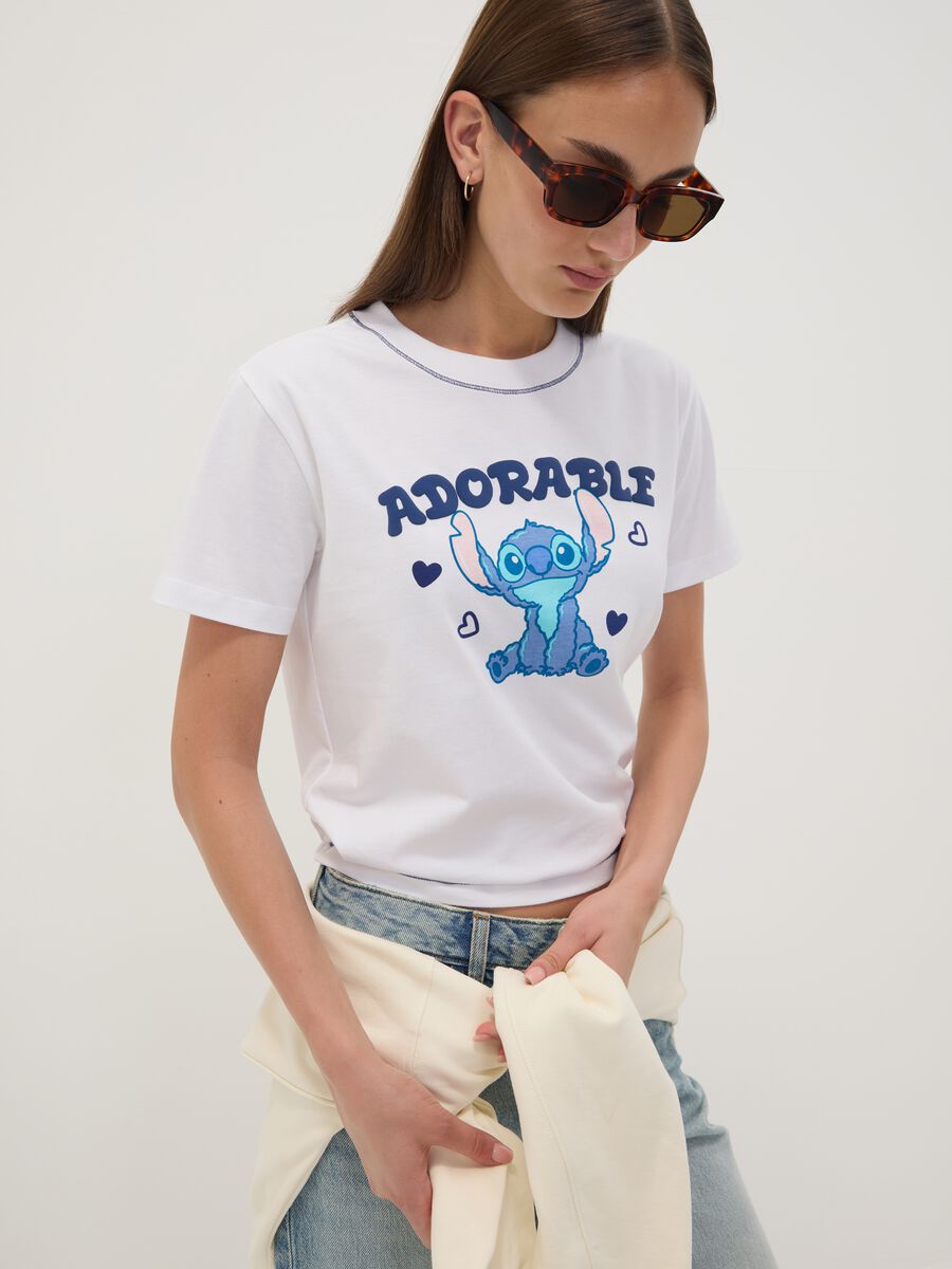 White pure cotton T-shirt with Stitch print, regular fit_0