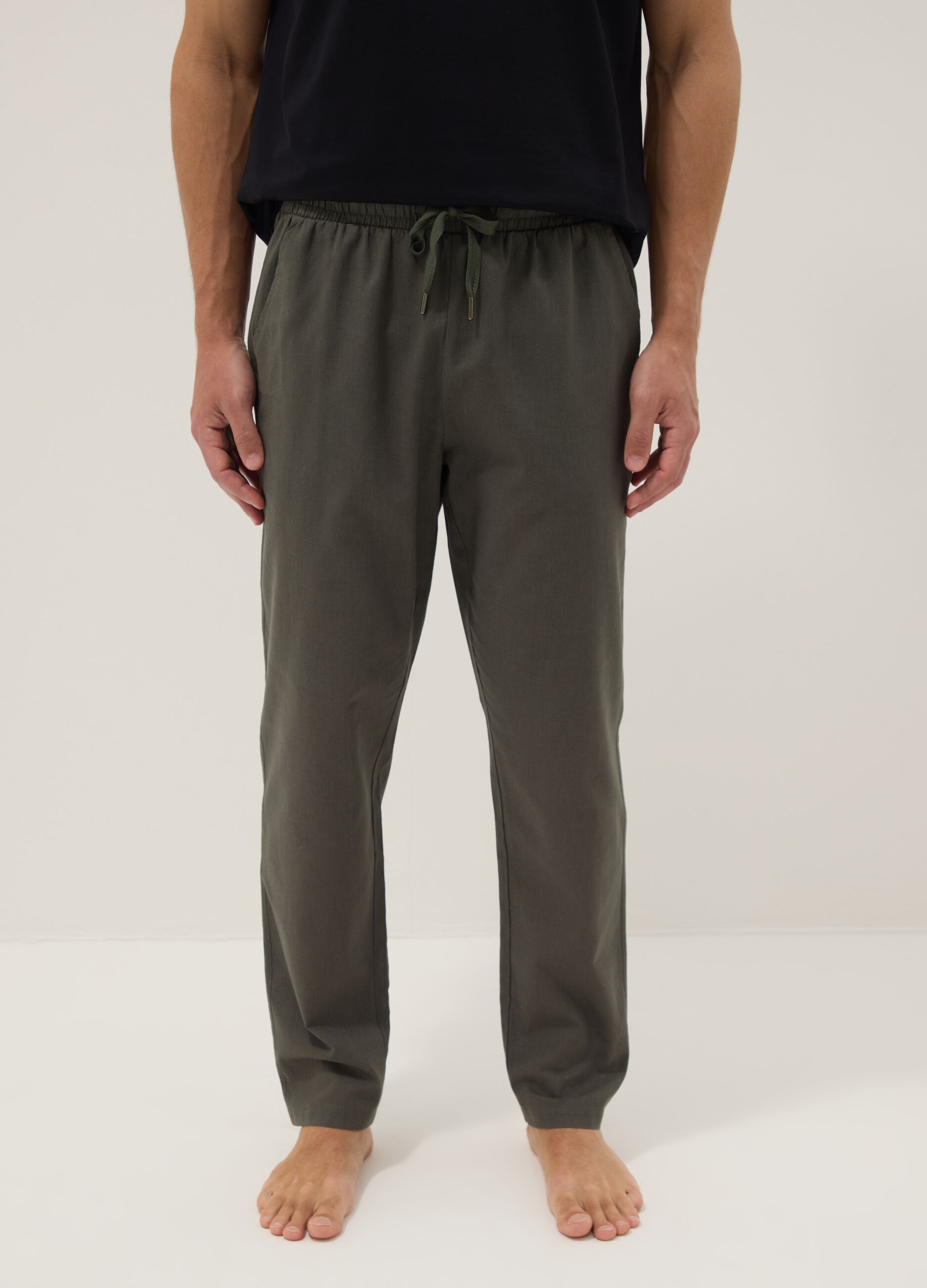 Green relaxed fit pajama trousers in cotton-linen blend