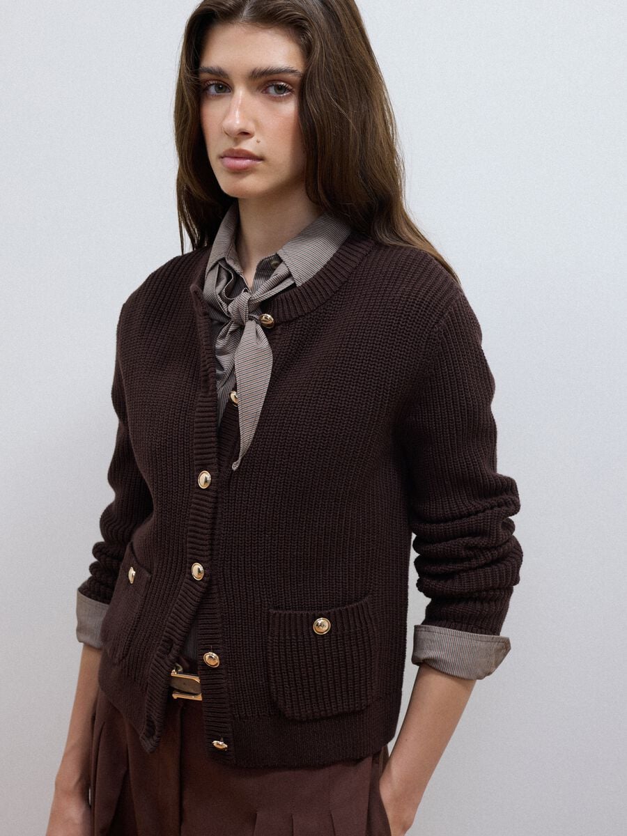 Brown pure cotton crew-neck knit cardigan_0