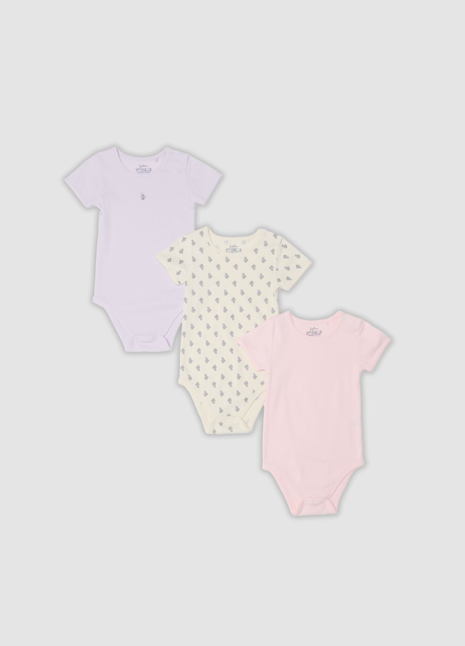 Multicoloured 3-pack of pure organic cotton bodysuits for baby girls