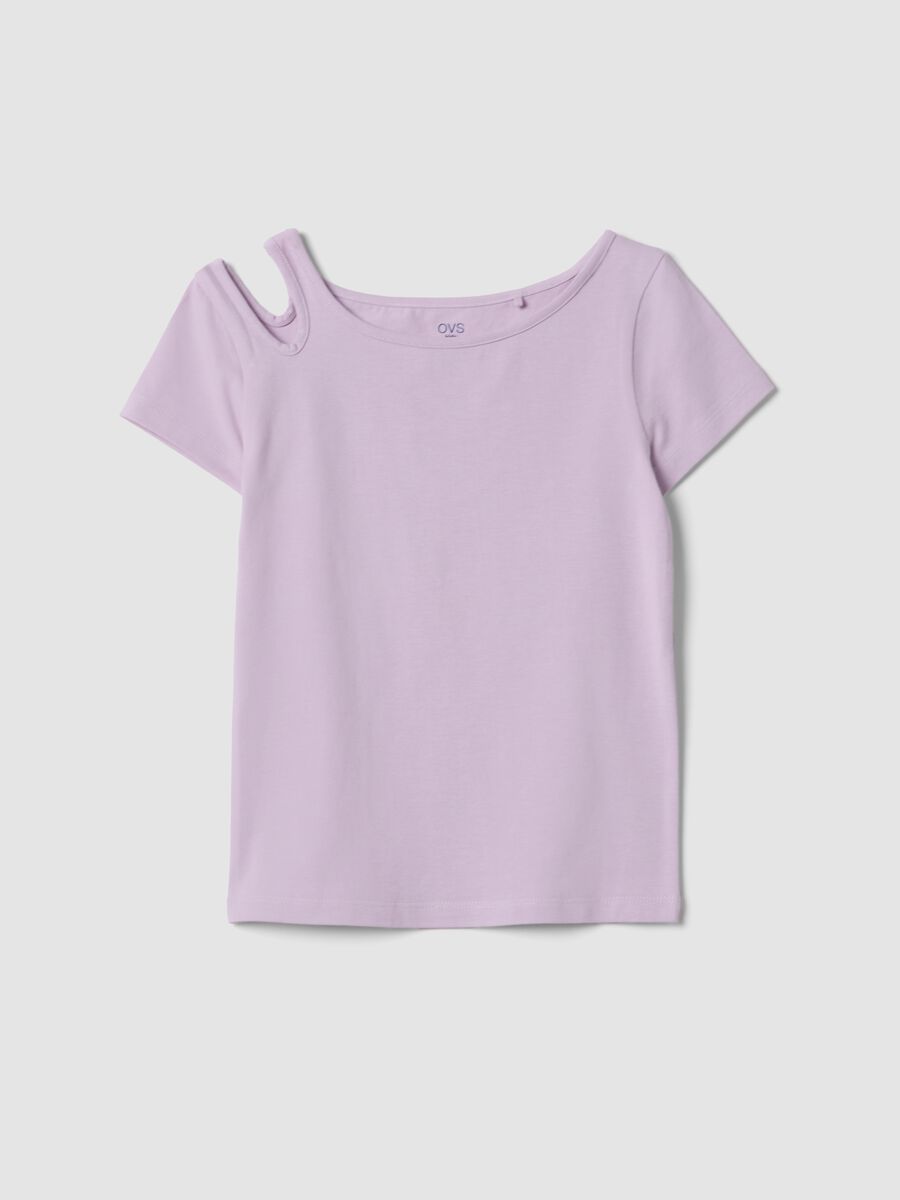 T-shirt viola in cotone organico con spalla scoperta_0