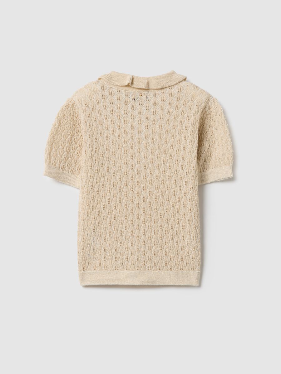 Beige cotton blend girl's polo with regular fit and eyelet detail_1