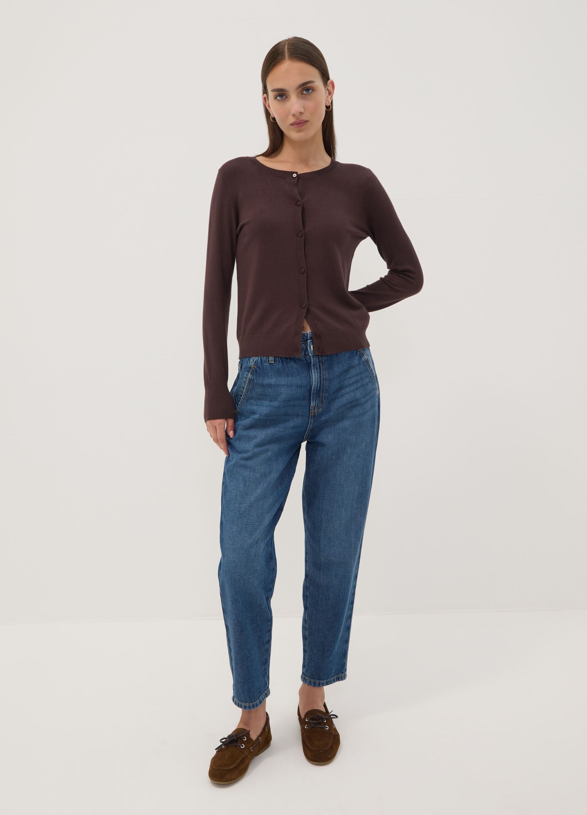 Brown viscose-blend crew-neck cardigan, regular fit