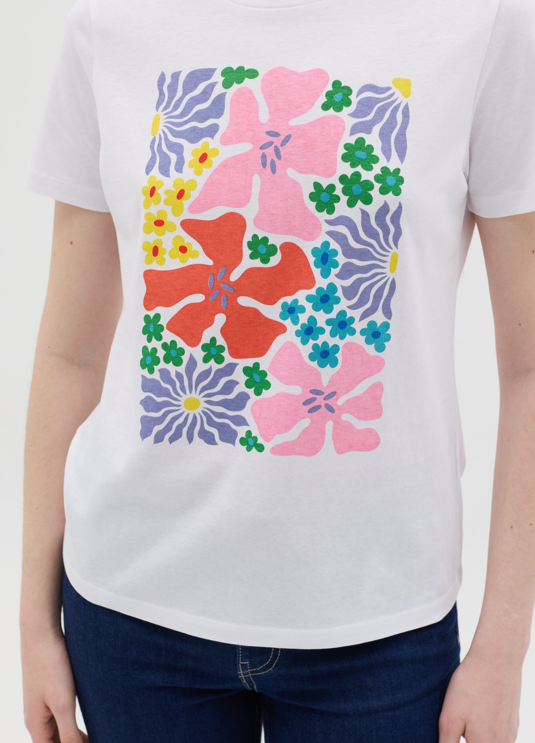White T-shirt with colourful floral print