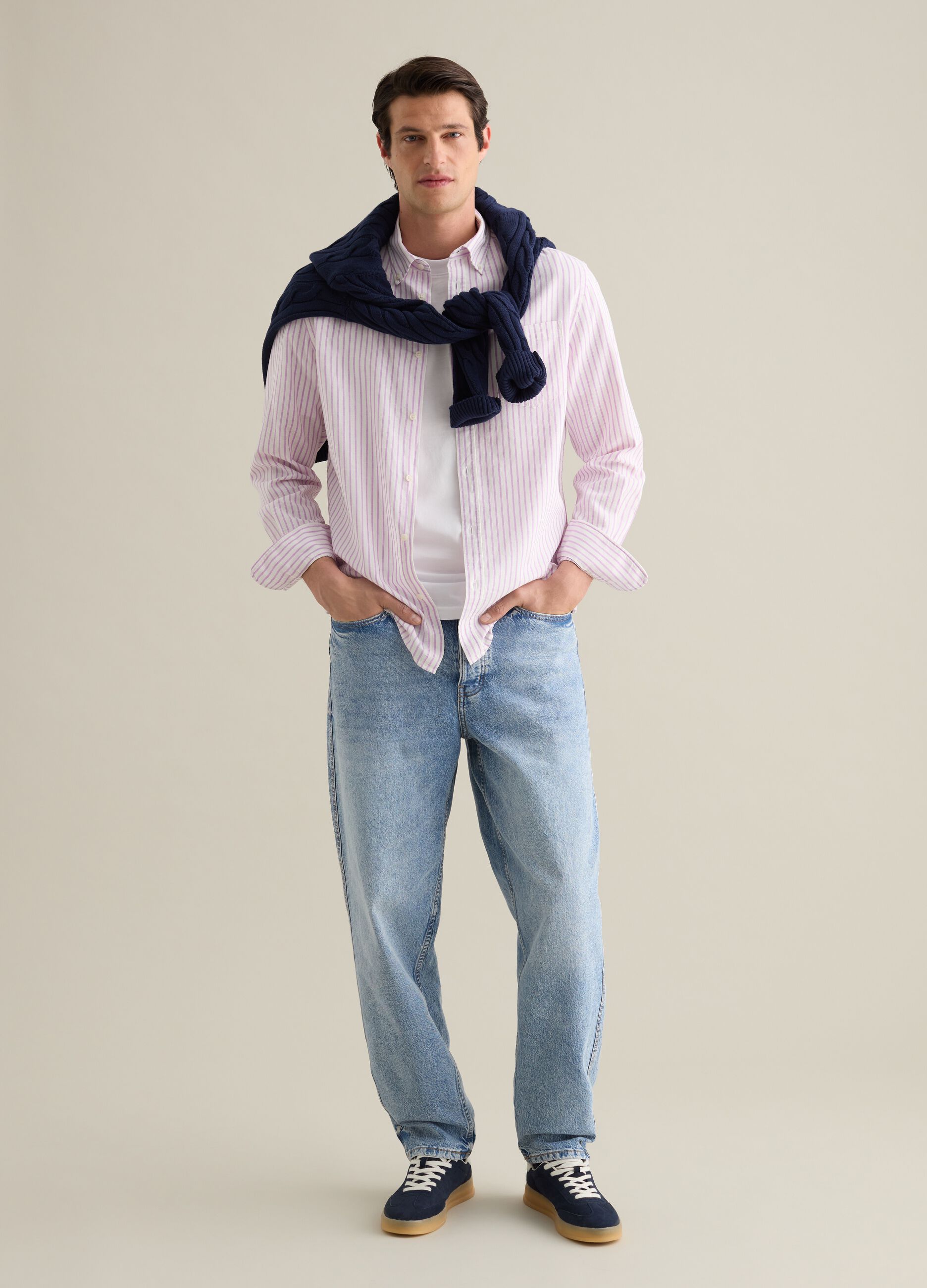 Men's pink and purple striped cotton and linen blend regular fit shirt