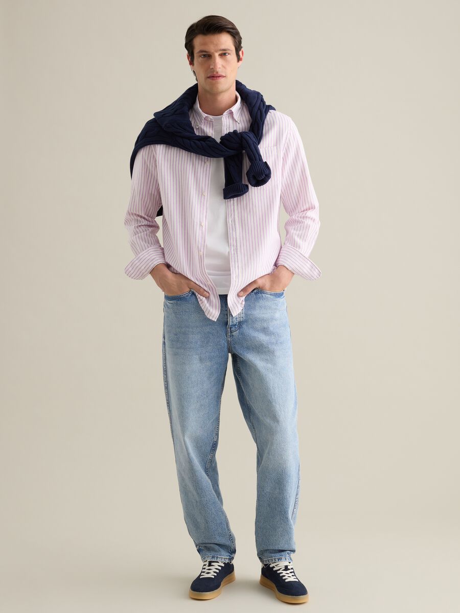 Men's pink and purple striped cotton and linen blend regular fit shirt_1