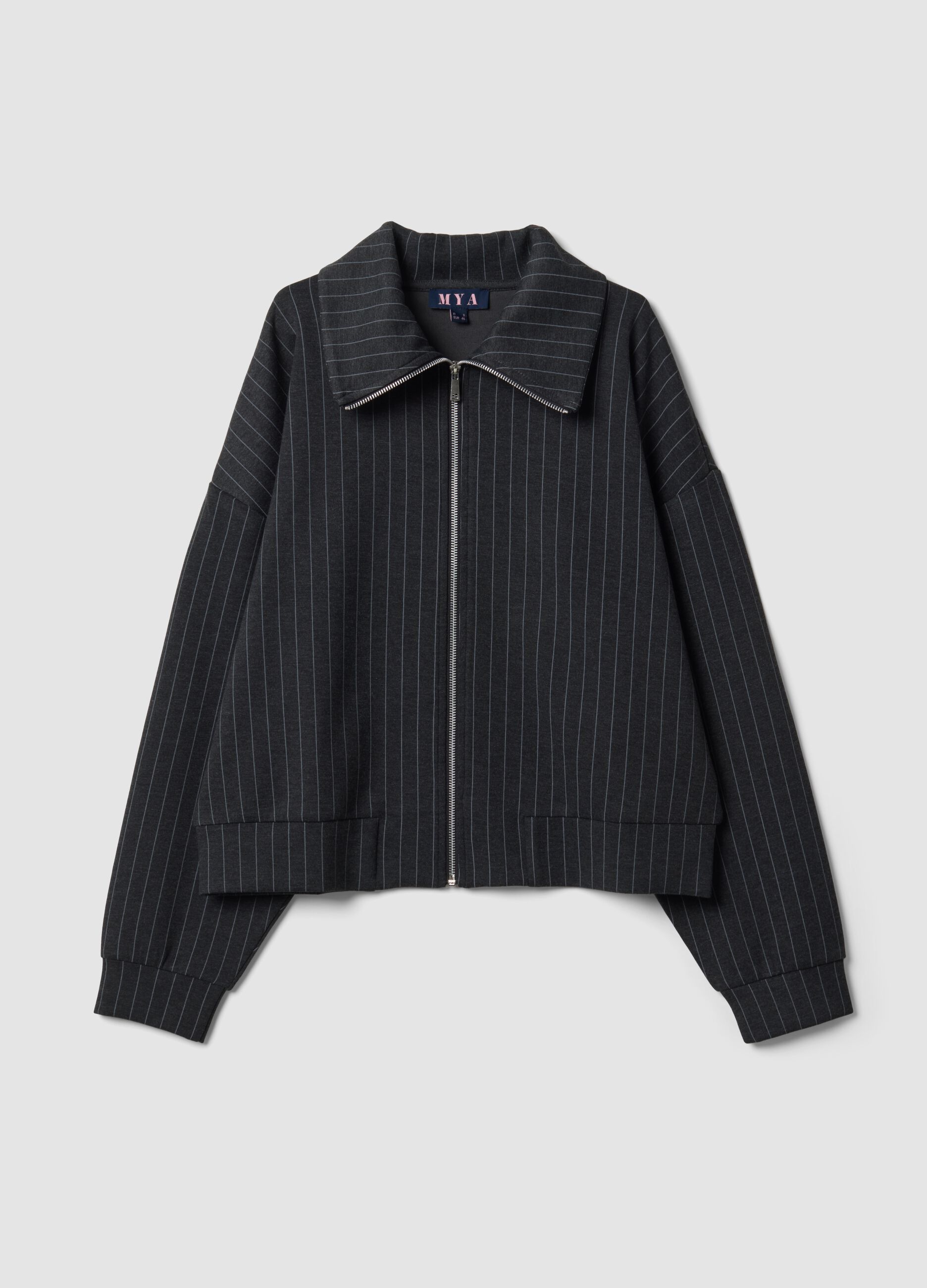 Grey striped stretch viscose full-zip sweatshirt with collar