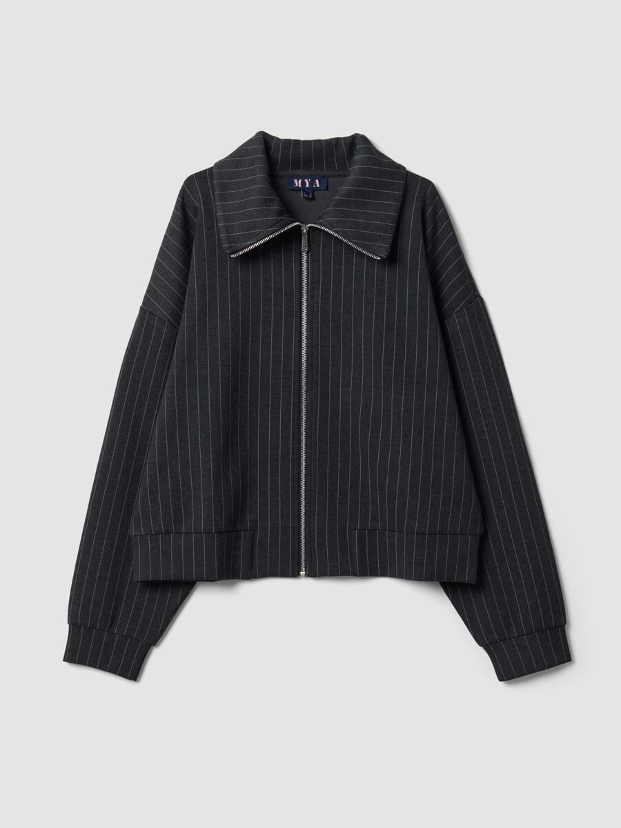 Felpa full zip grigia in viscosa elasticizzata a righe con colletto_0