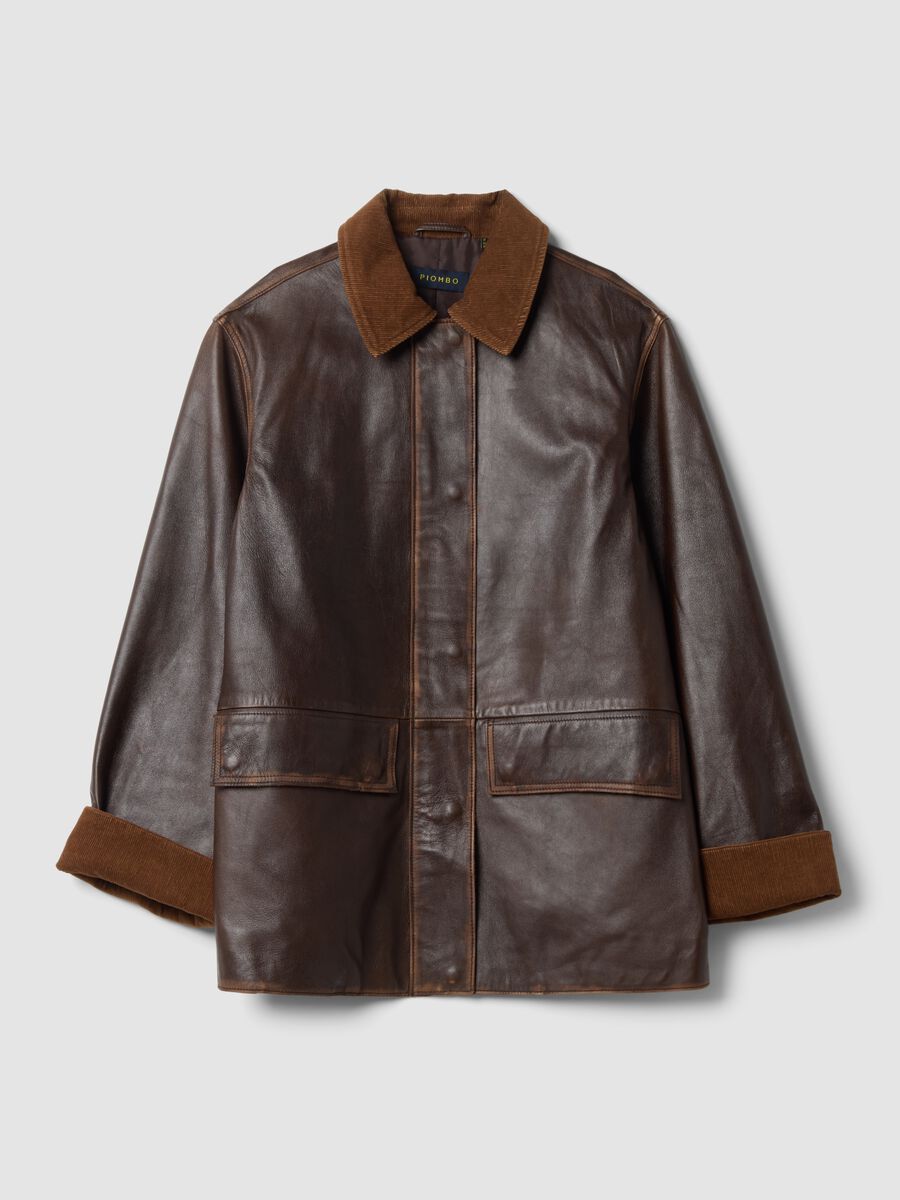 Giacca marrone in vera pelle con colletto in velluto regular fit_0